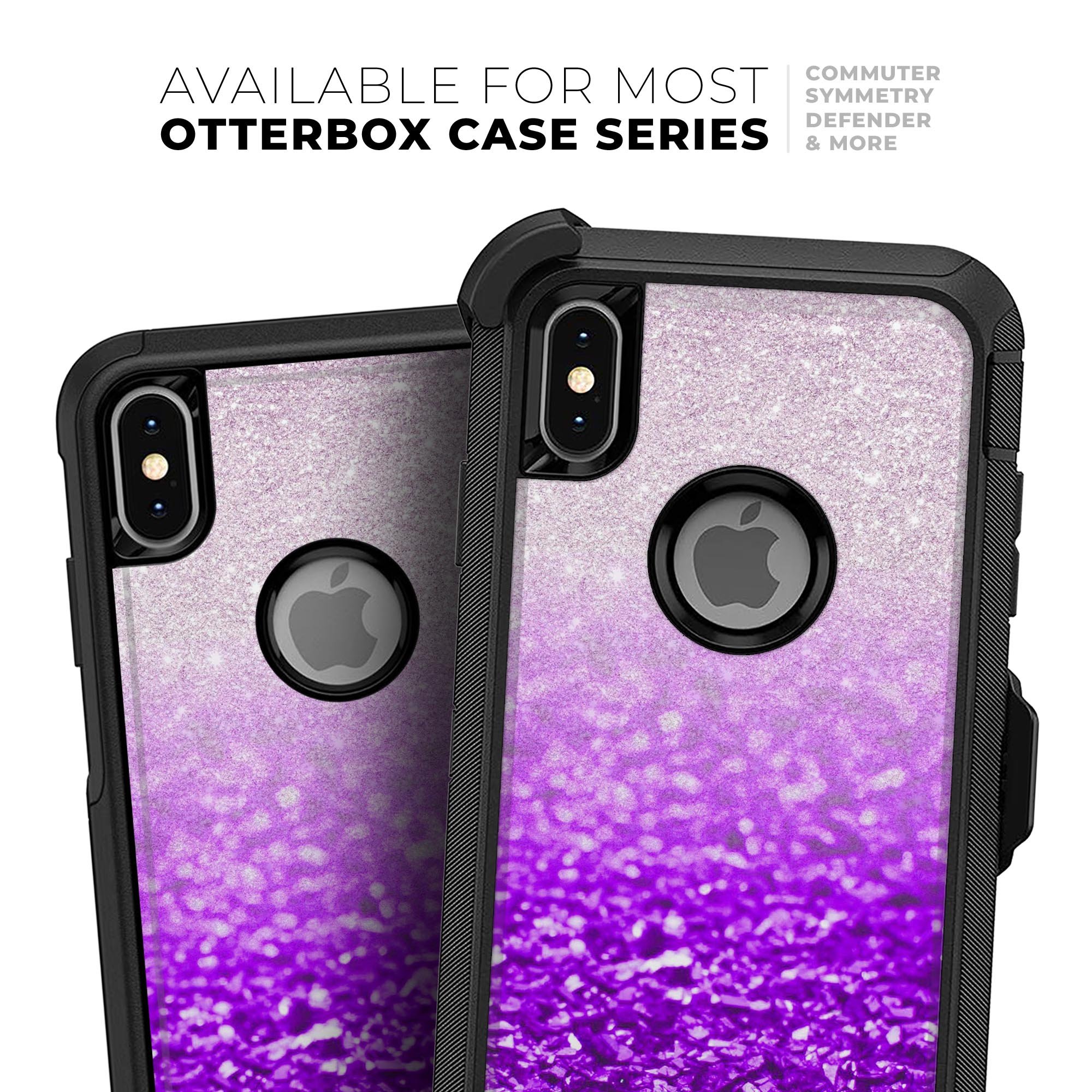 Purple and silver glimmer fade skin kit for iPhone OtterBox cases, showcasing vibrant colors and sleek design.