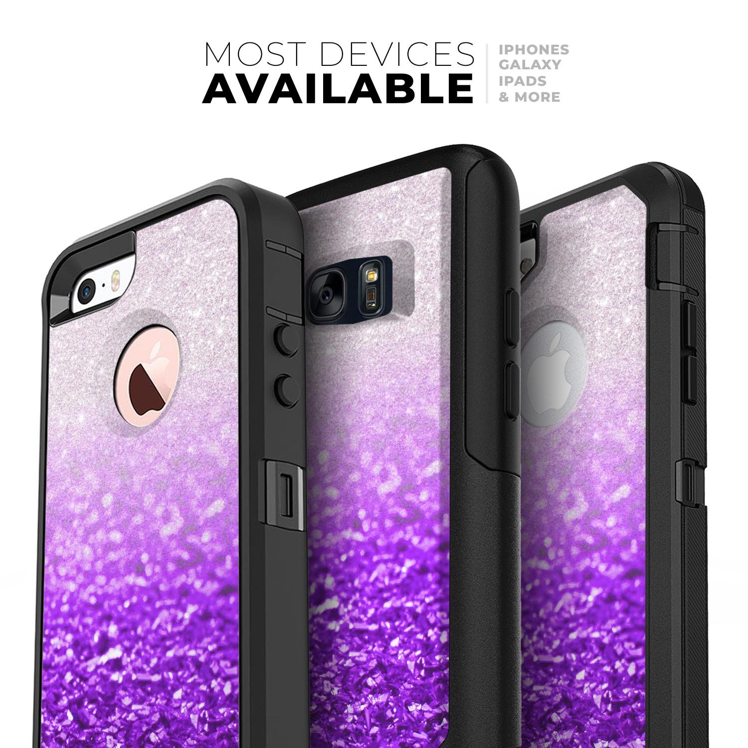 Purple and silver glimmer fade skin kit for iPhone OtterBox cases, showcasing vibrant colors and sleek design.