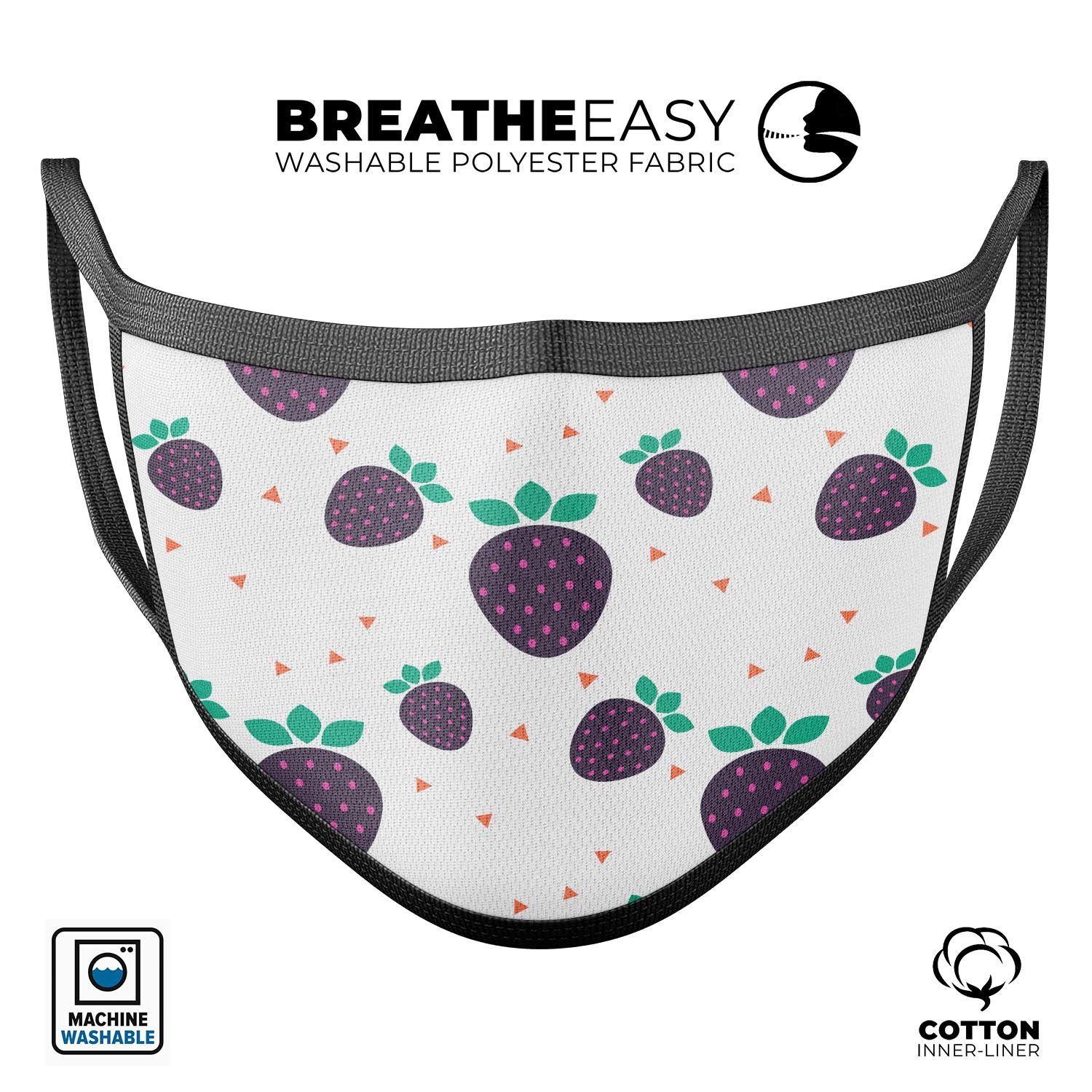 Purple Strawberries All Over Pattern mouth cover, showcasing vibrant colors and unique design, made in the USA.