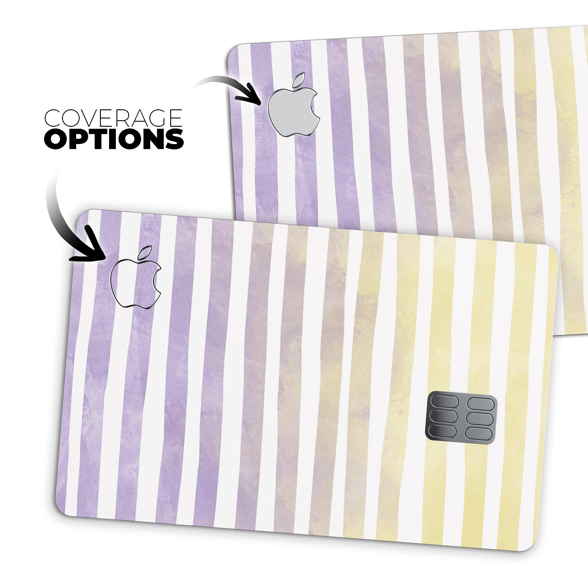 Purple to Yellow WaterColor Ombre Stripes decal for Apple Card, showcasing vibrant colors and premium vinyl material.