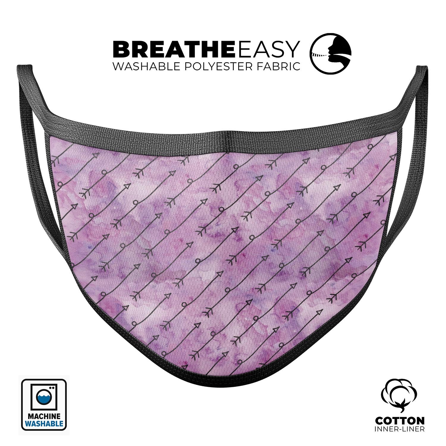 Purple Tribal Arrow Pattern mouth cover, showcasing a vibrant tribal design on a comfortable 3D face mask.