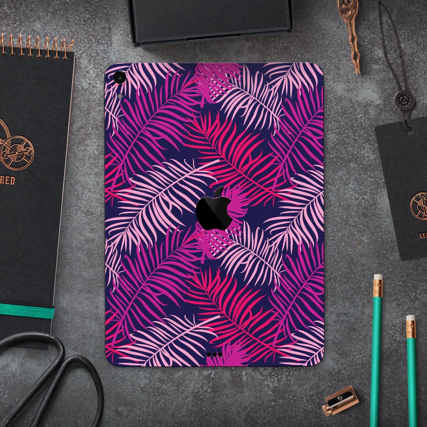 Purple Tropical Full Body Skin Decal for Apple iPad Pro 12.9", showcasing vibrant tropical design and premium 3M material.