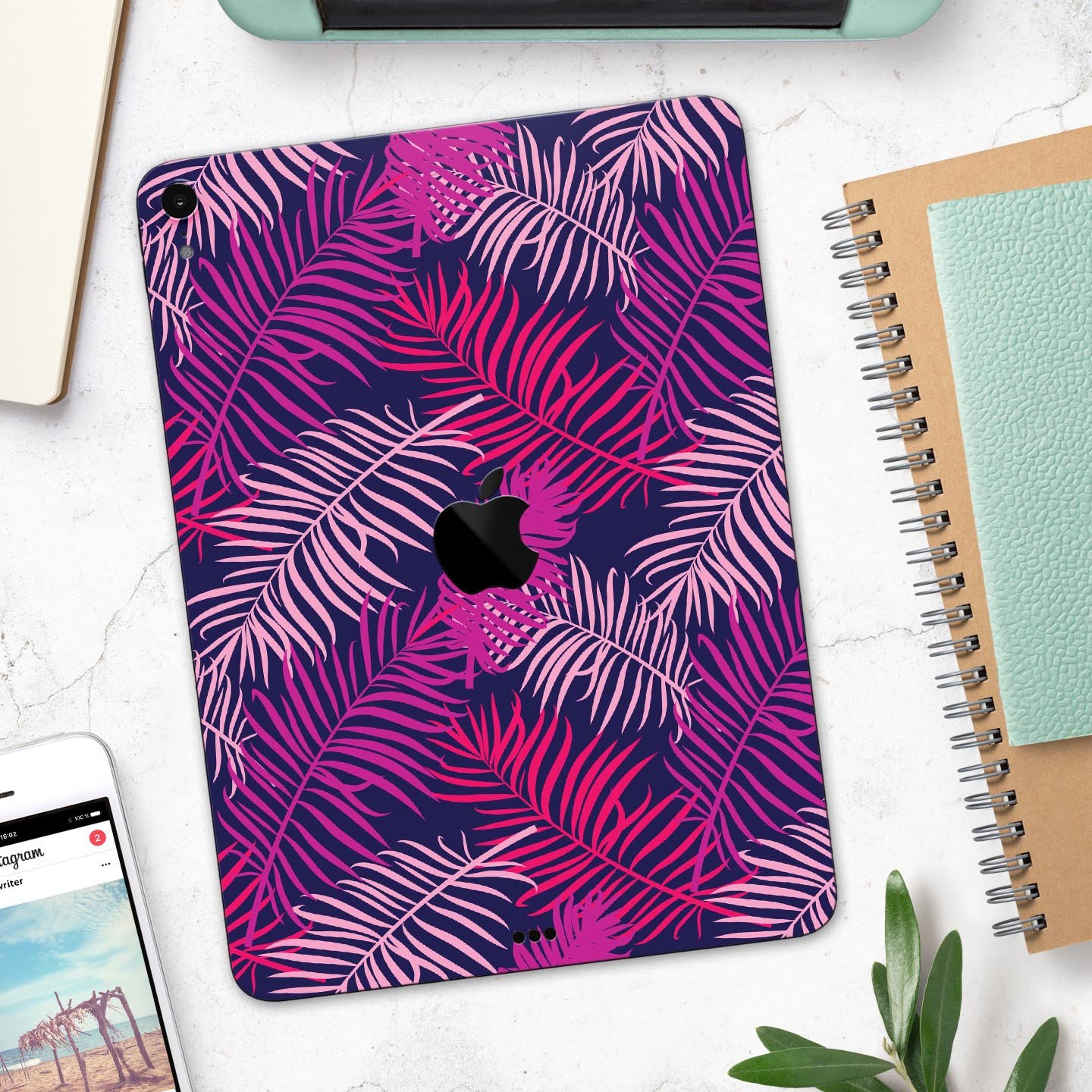 Purple Tropical Full Body Skin Decal for Apple iPad Pro 12.9", showcasing vibrant tropical design and premium 3M material.