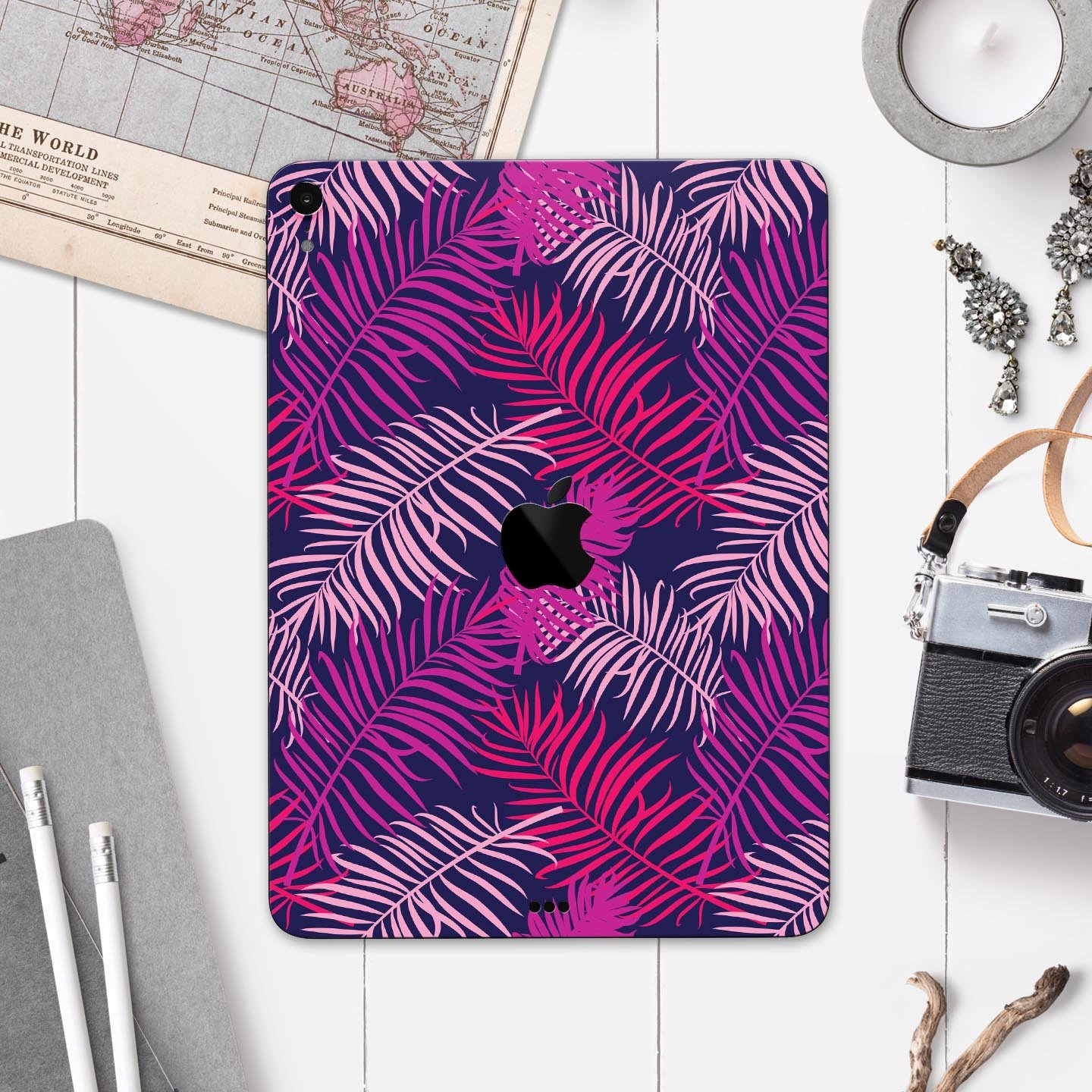 Purple Tropical Full Body Skin Decal for Apple iPad Pro 12.9", showcasing vibrant tropical design and premium 3M material.