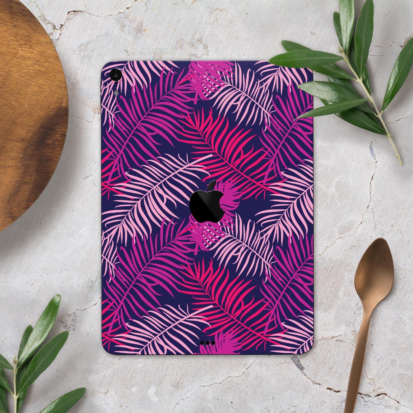 Purple Tropical Full Body Skin Decal for Apple iPad Pro 12.9", showcasing vibrant tropical design and premium 3M material.