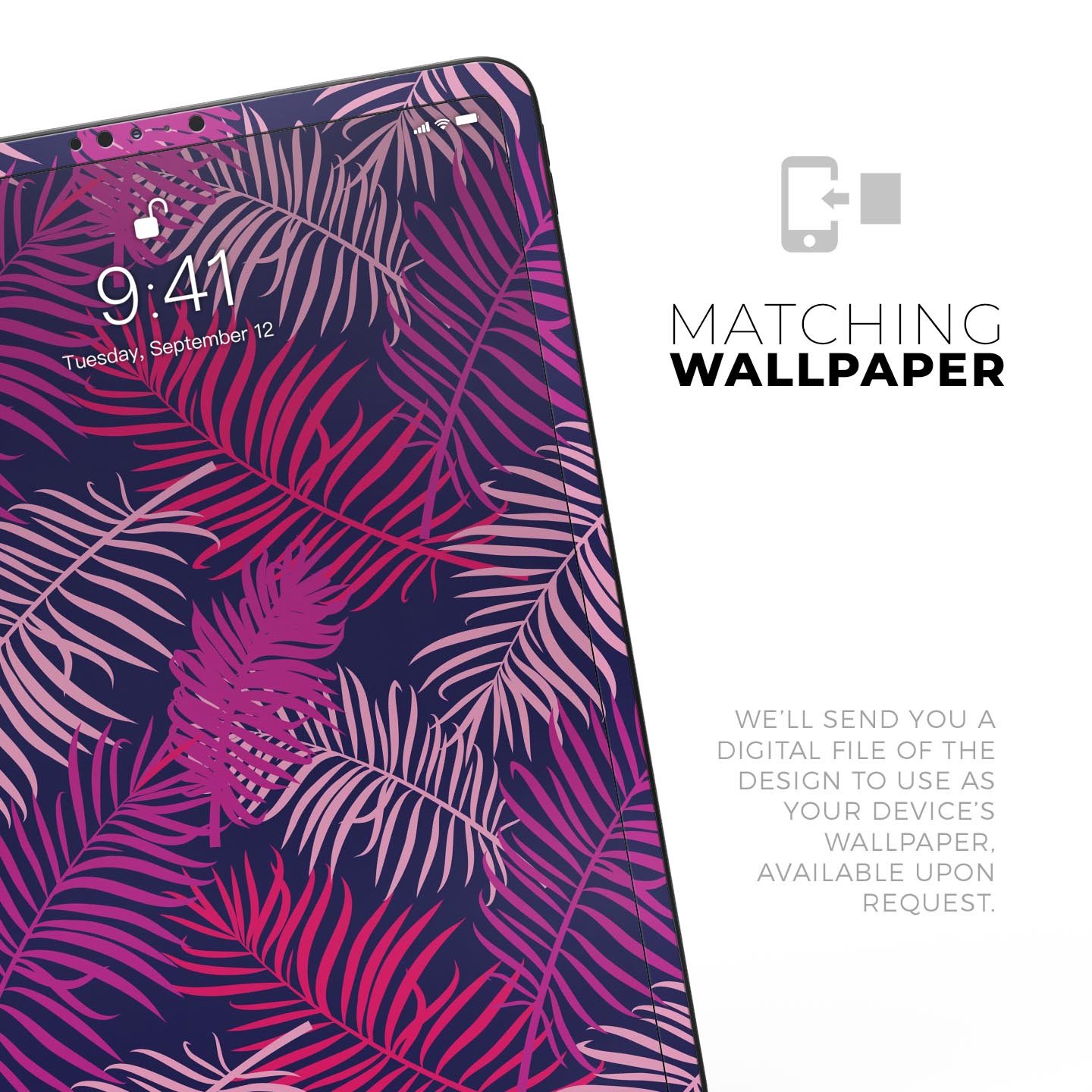 Purple Tropical Full Body Skin Decal for Apple iPad Pro 12.9", showcasing vibrant tropical design and premium 3M material.