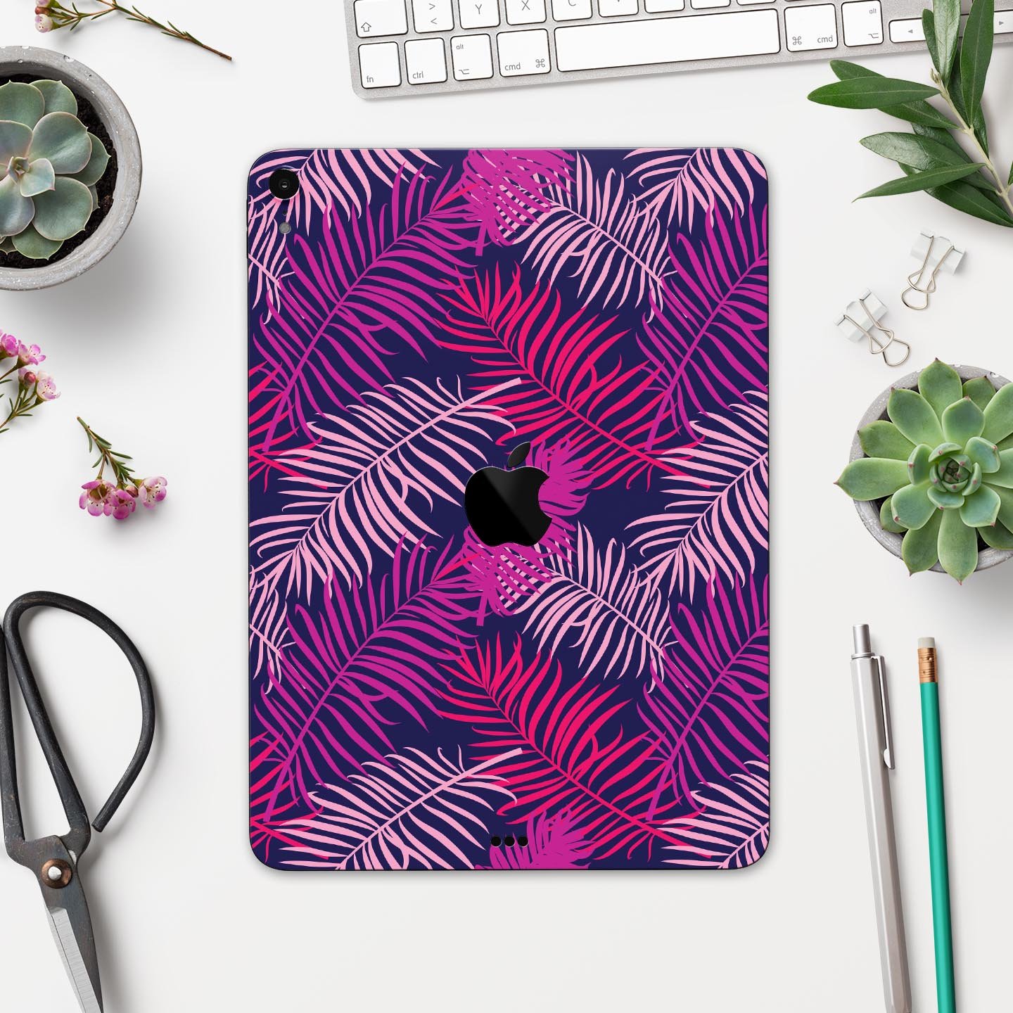 Purple Tropical Full Body Skin Decal for Apple iPad Pro 12.9", showcasing vibrant tropical design and premium 3M material.