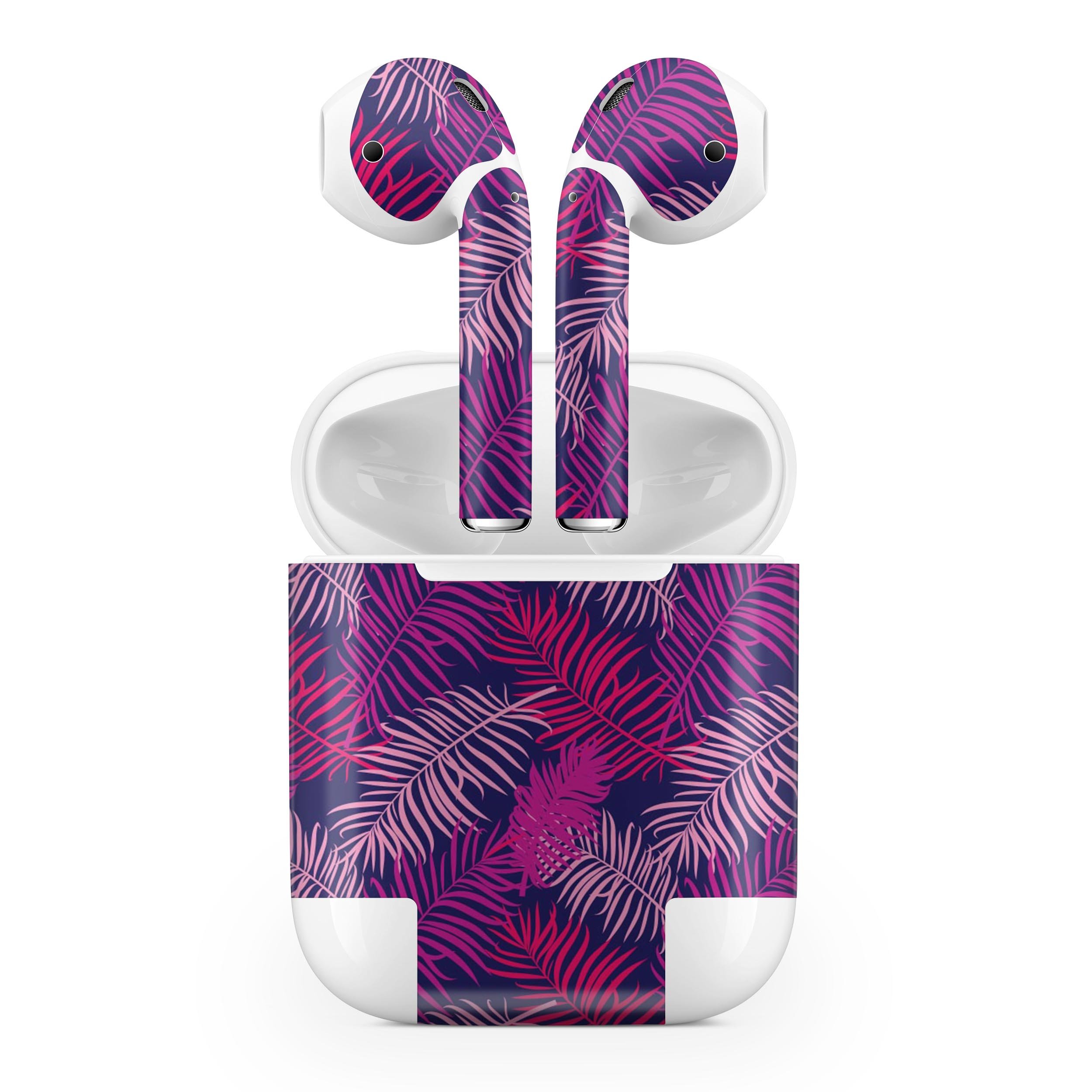 Purple Tropical skin decal wrap kit for Apple AirPods, showcasing vibrant tropical design and high-quality finish.