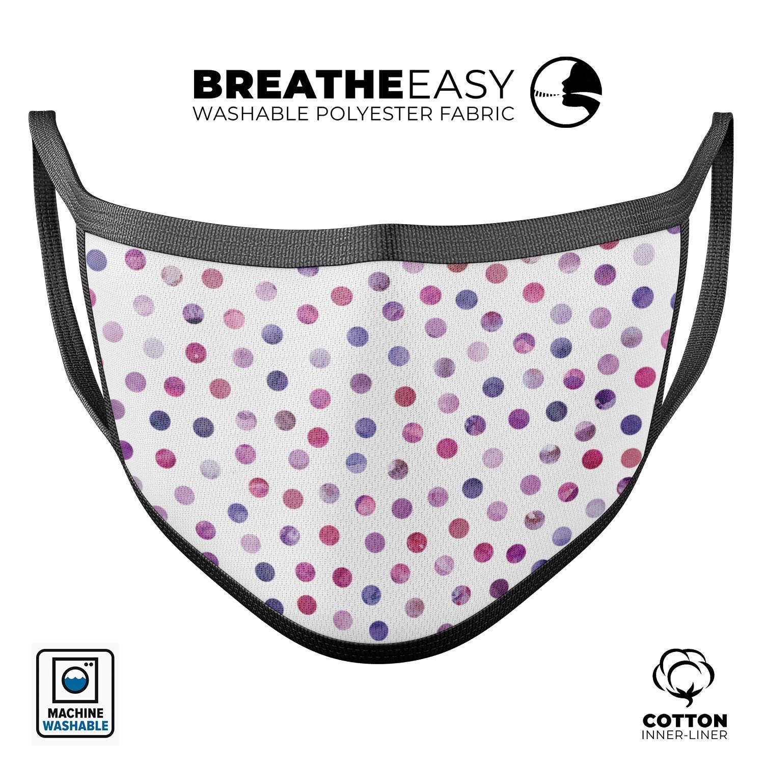 Purple watercolor dots pattern on a white reusable mouth cover, showcasing adjustable ear loops and soft cotton material.