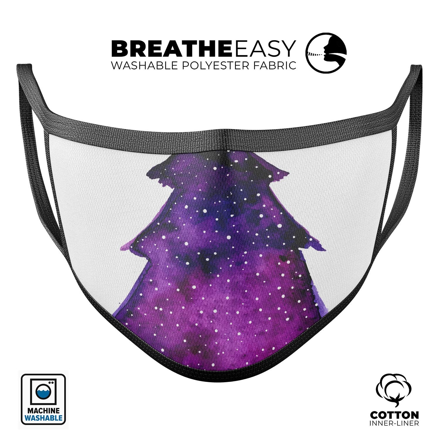 Purple Watercolor Evergreen Tree mouth cover, showcasing a vibrant design with adjustable ear loops for a comfortable fit.