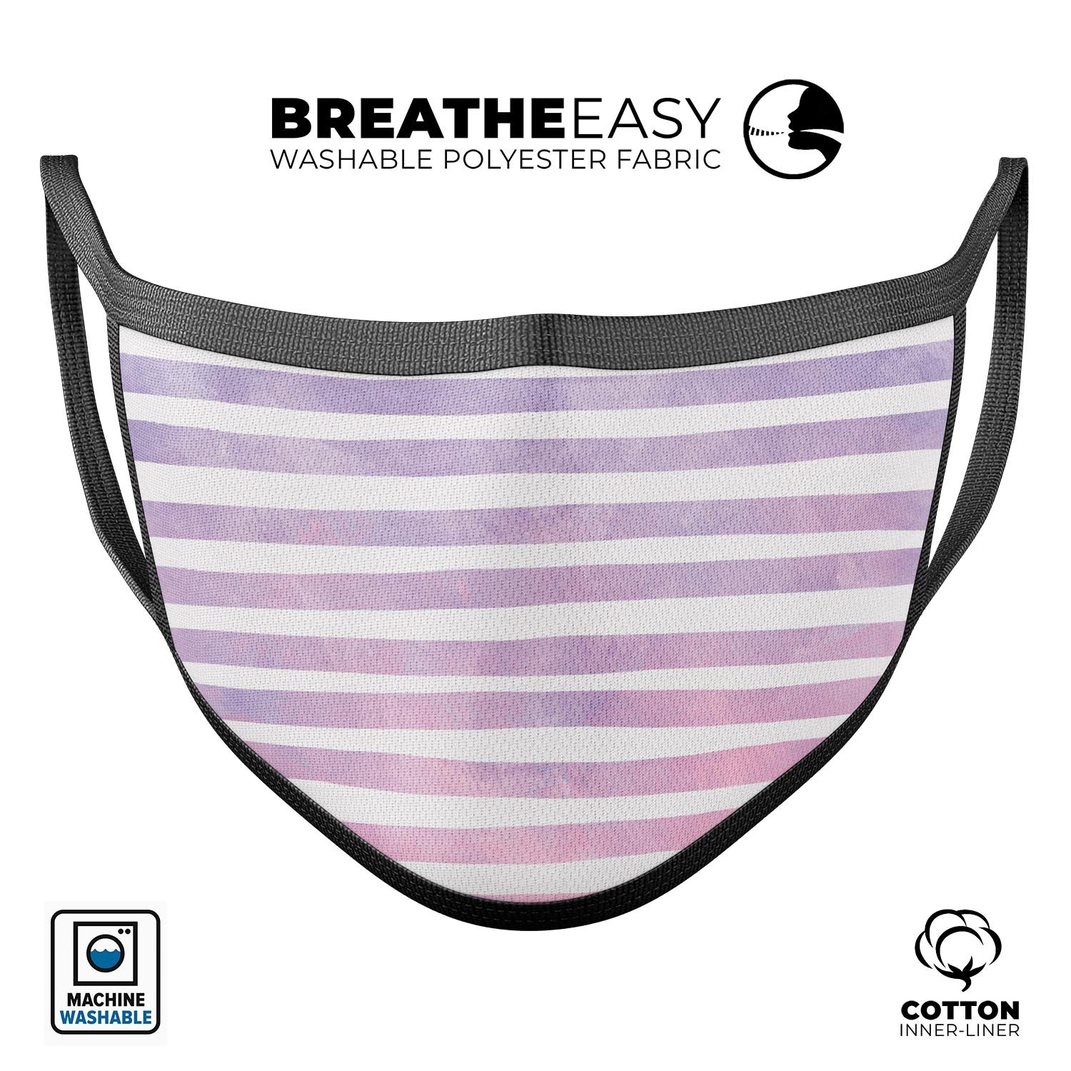 Purple WaterColor Ombre Stripes unisex mouth cover, showcasing vibrant colors and adjustable ear-loop bands for a perfect fit.