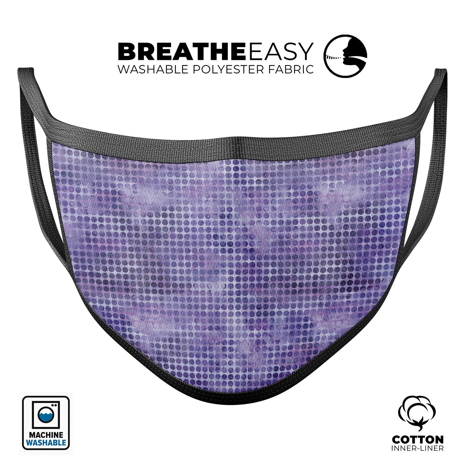 Purple Watercolor Polka Dots mouth cover, showcasing a vibrant design with adjustable ear loops for a comfortable fit.