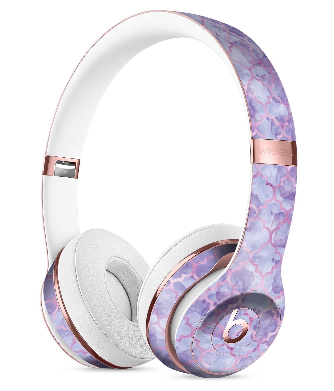 Purple Watercolor Quatrefoil Full-Body Skin Kit designed for Beats by Dre Solo 3 Wireless Headphones, showcasing vibrant colors and intricate patterns.