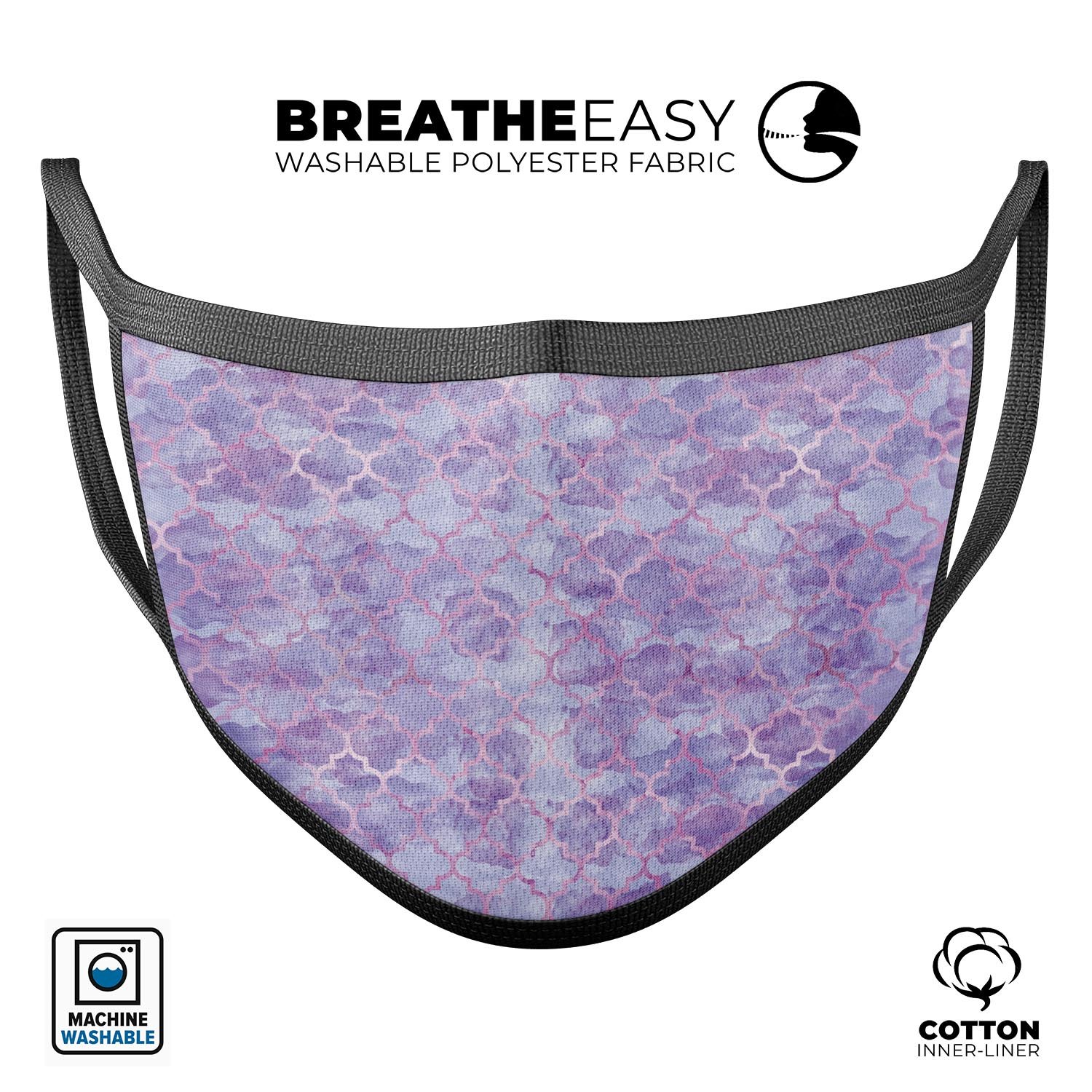 Purple Watercolor Quatrefoil mouth cover, showcasing a vibrant design with adjustable ear loops, made from soft cotton and memory foam.