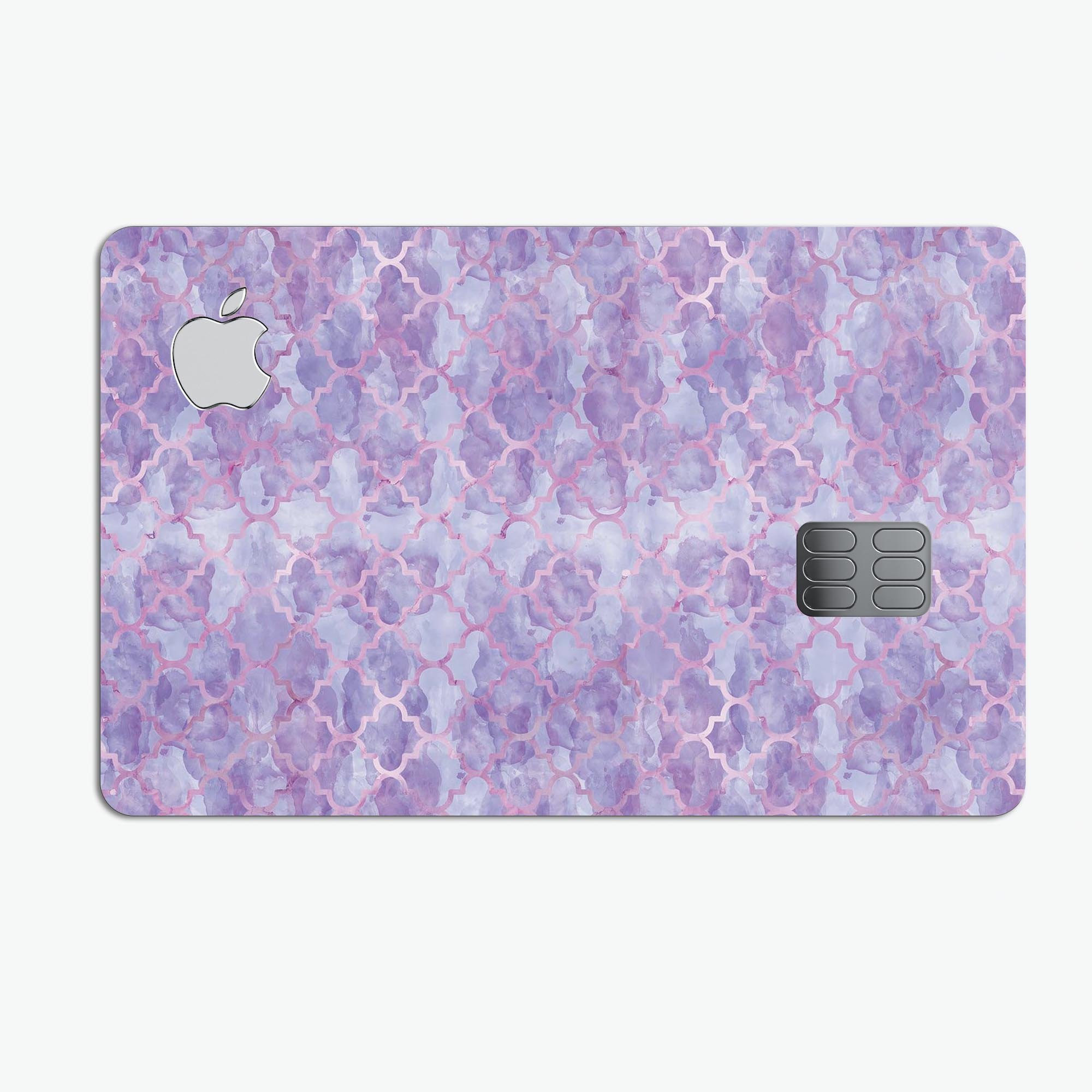 Purple Watercolor Quatrefoil decal skin for Apple Card, showcasing vibrant colors and intricate design.