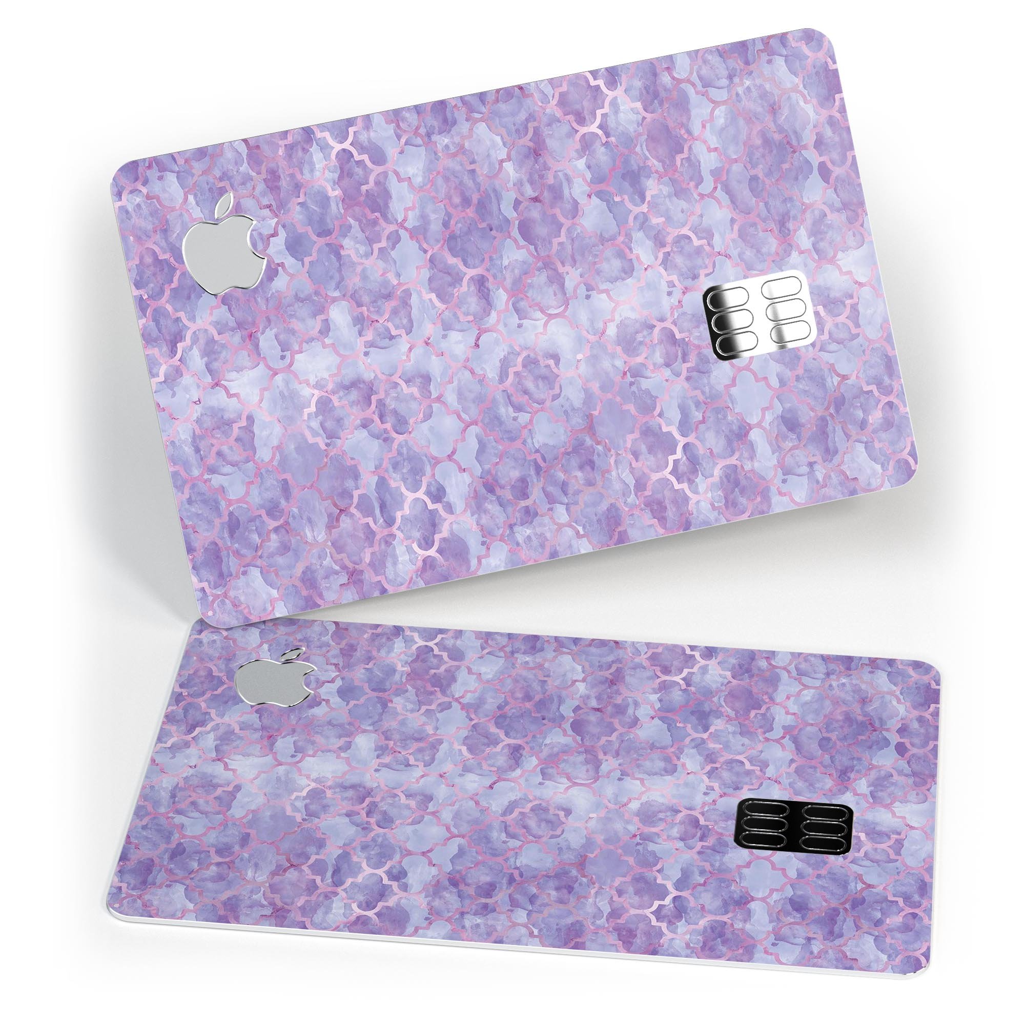 Purple Watercolor Quatrefoil decal skin for Apple Card, showcasing vibrant colors and intricate design.