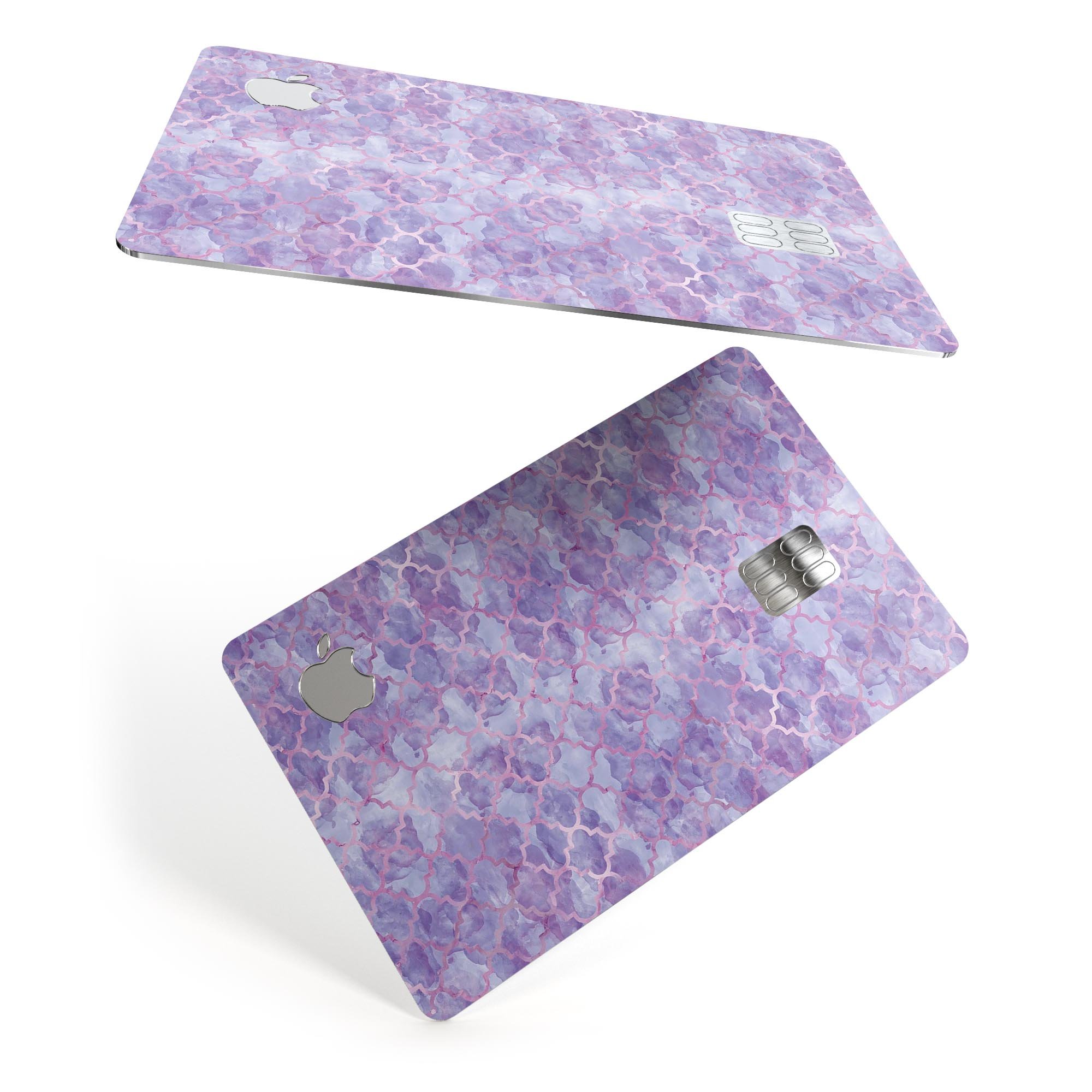 Purple Watercolor Quatrefoil decal skin for Apple Card, showcasing vibrant colors and intricate design.