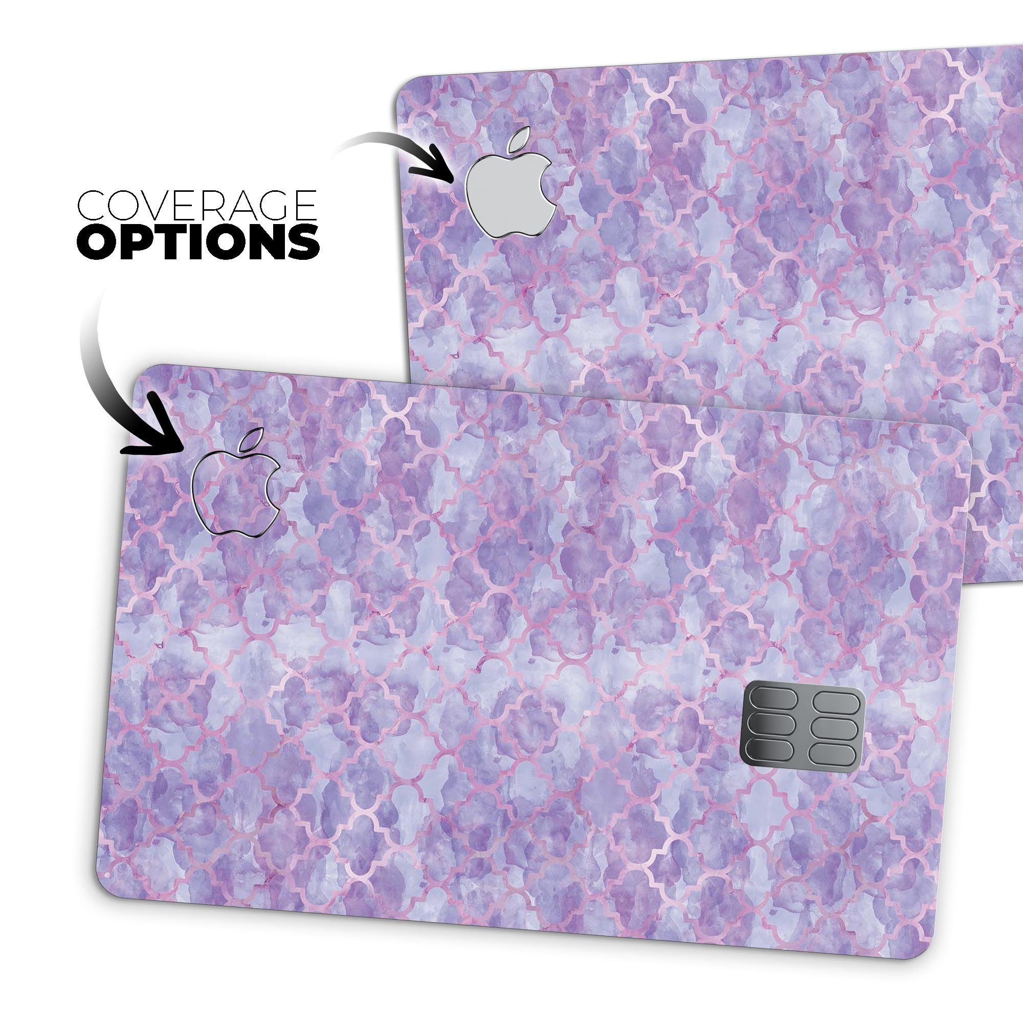 Purple Watercolor Quatrefoil decal skin for Apple Card, showcasing vibrant colors and intricate design.