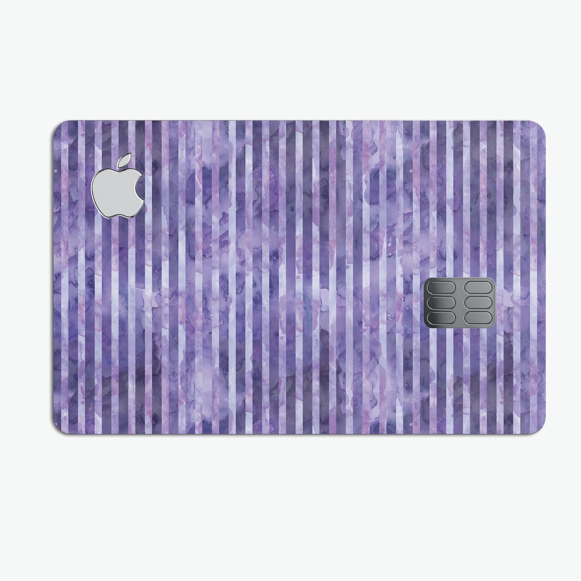 Purple Watercolor Stripes decal skin for Apple Card, showcasing vibrant colors and premium finish.