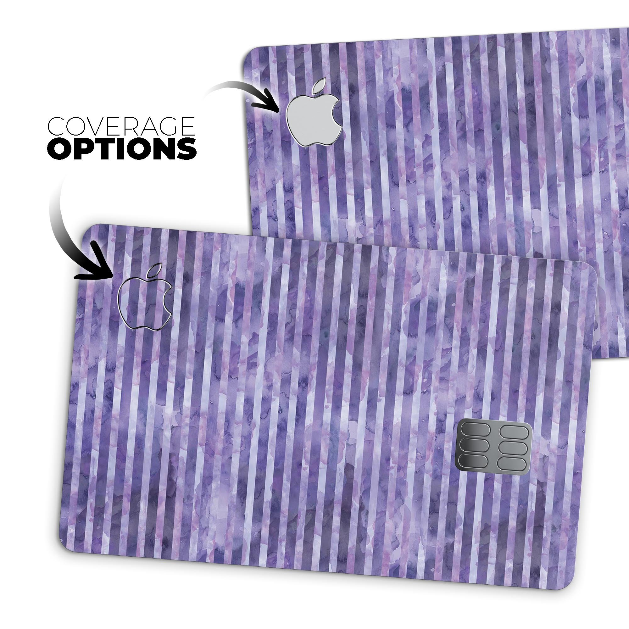 Purple Watercolor Stripes decal skin for Apple Card, showcasing vibrant colors and premium finish.