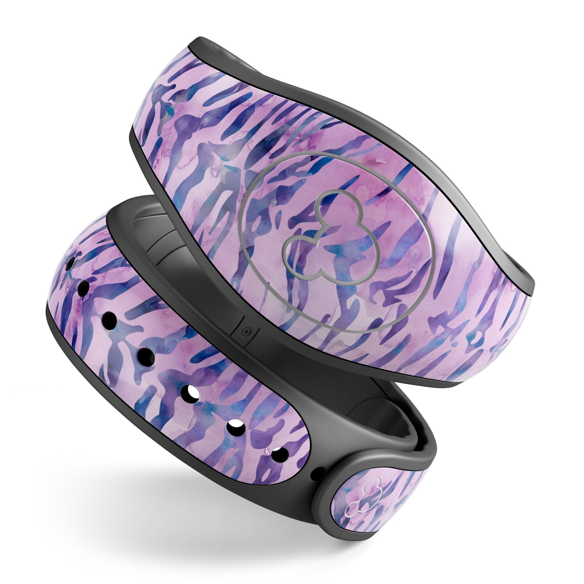 Purple Watercolor Tiger Pattern decal skin wrap kit for Disney Magic Band, showcasing vibrant colors and intricate design.