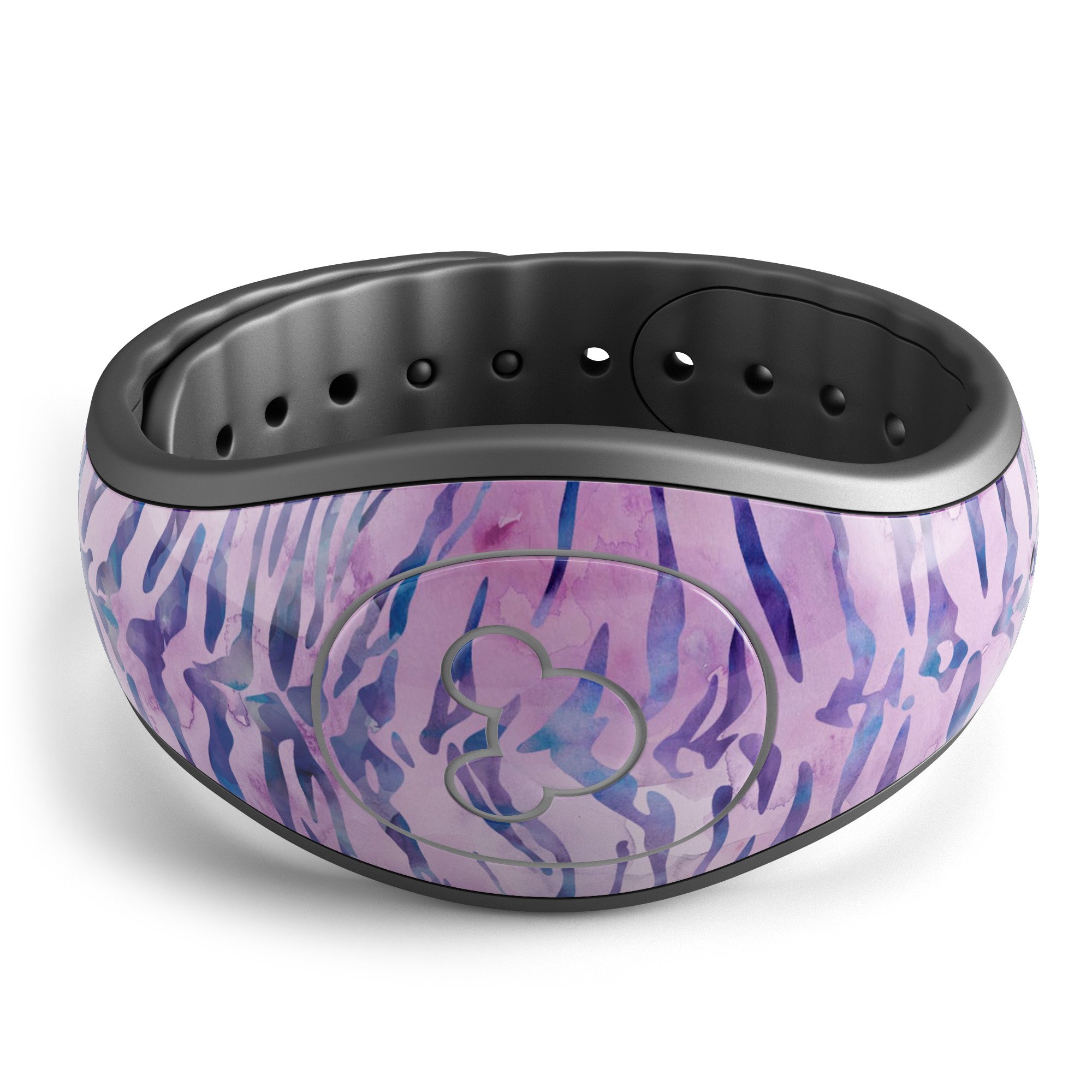 Purple Watercolor Tiger Pattern decal skin wrap kit for Disney Magic Band, showcasing vibrant colors and intricate design.