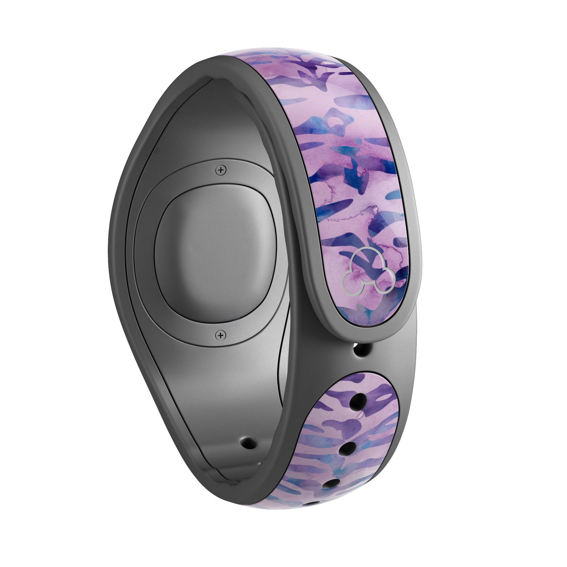 Purple Watercolor Tiger Pattern decal skin wrap kit for Disney Magic Band, showcasing vibrant colors and intricate design.