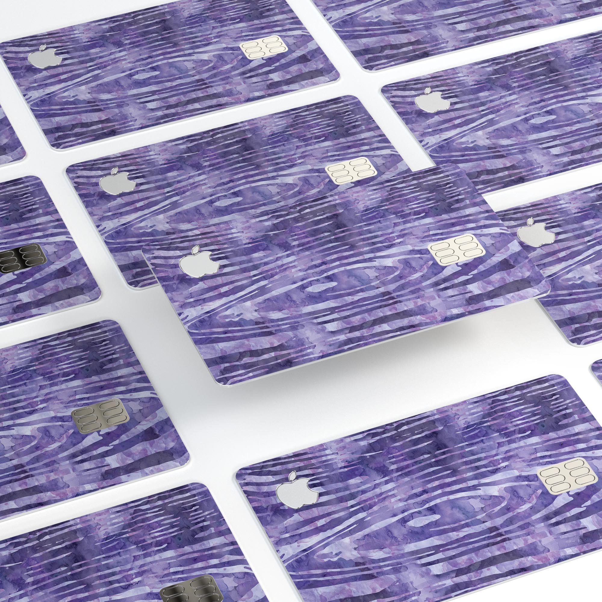 Purple Watercolor Woodgrain decal skin-kit for Apple Card, showcasing its vibrant design and premium quality.