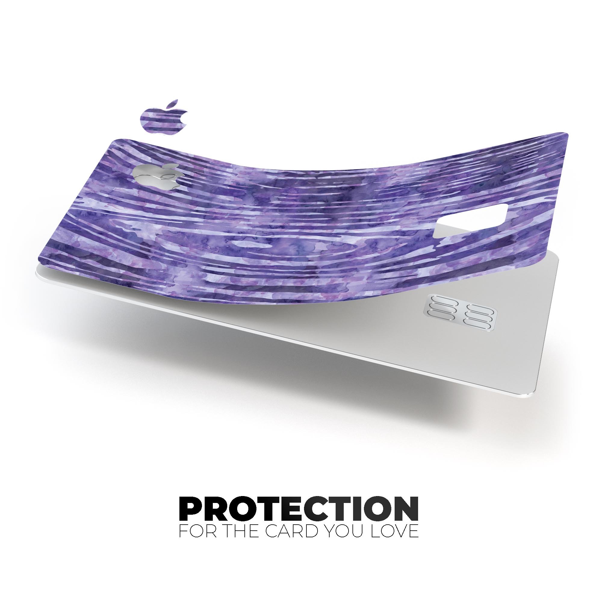 Purple Watercolor Woodgrain decal skin-kit for Apple Card, showcasing its vibrant design and premium quality.