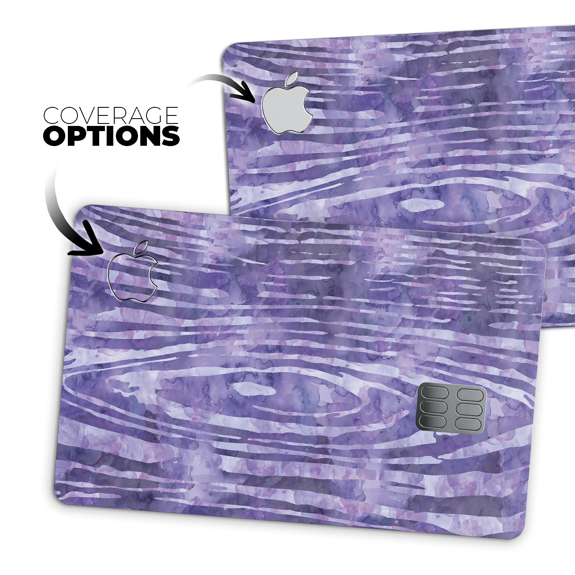 Purple Watercolor Woodgrain decal skin-kit for Apple Card, showcasing its vibrant design and premium quality.