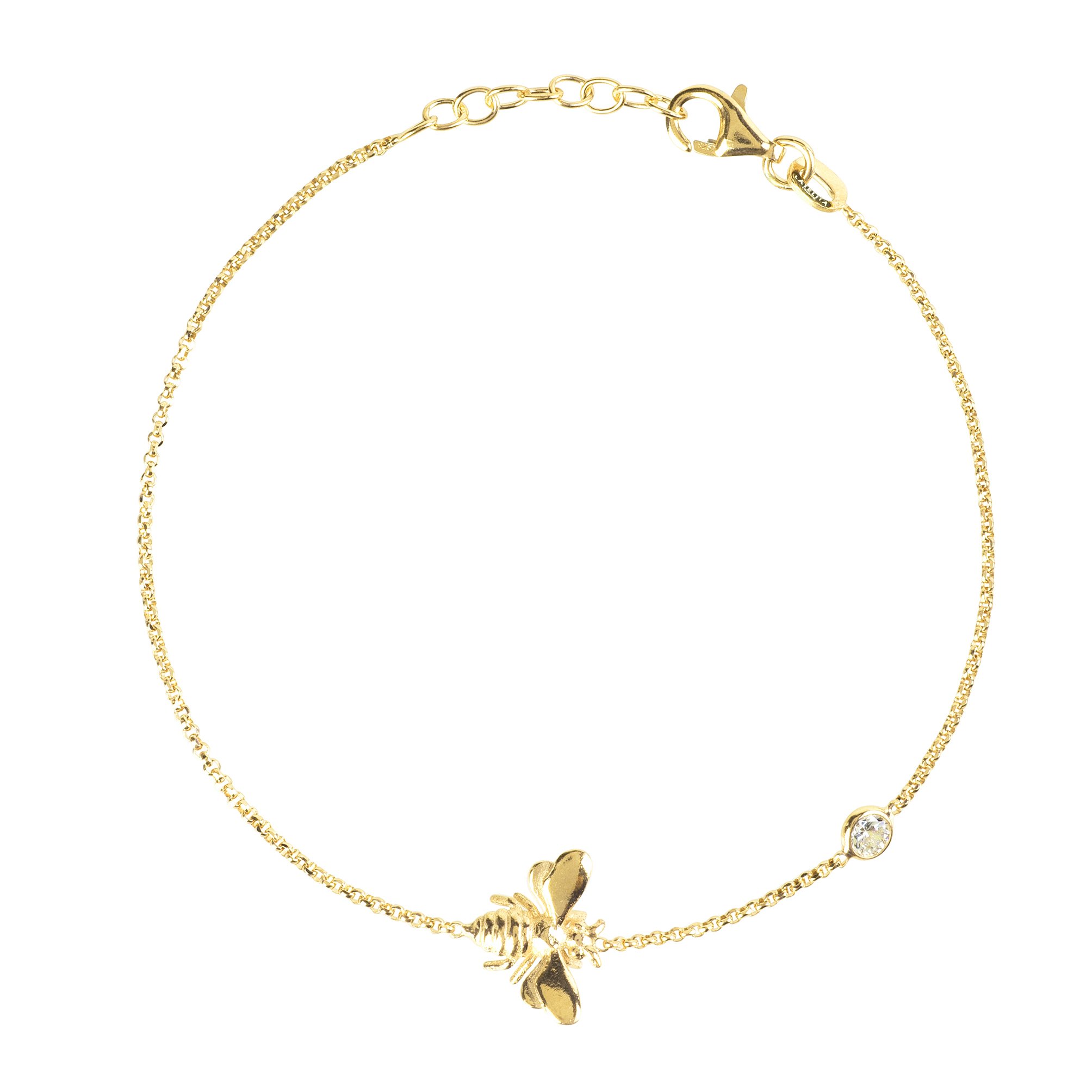 Elegant Queen Bee Bracelet Gold made of sterling silver, featuring a petite bee charm and sparkling cubic zirconia, perfect for delicate jewelry lovers.