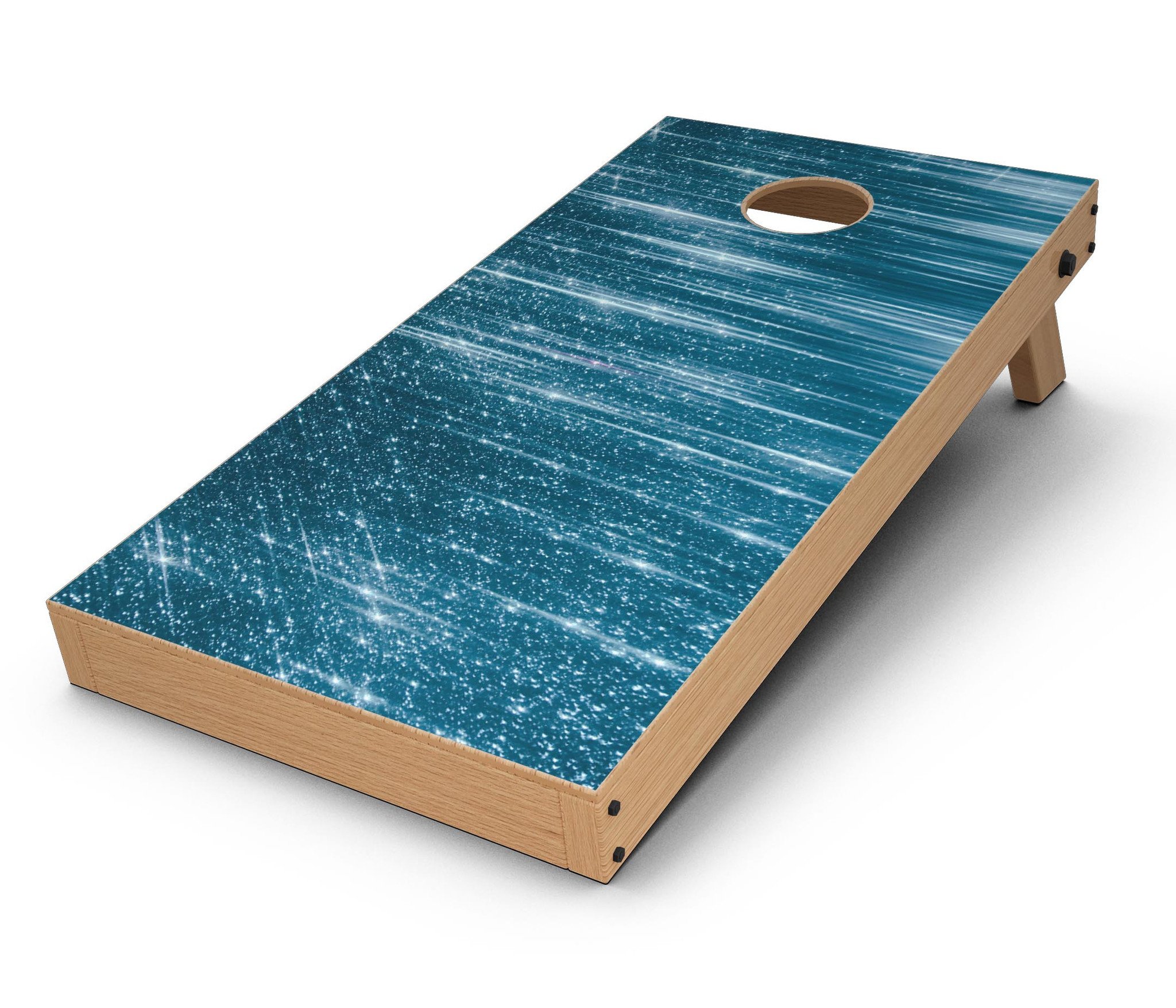 Radiant Blue Scratched Surface CornHole Board Skin Decal Kit displayed on a wooden surface, showcasing vibrant blue design.