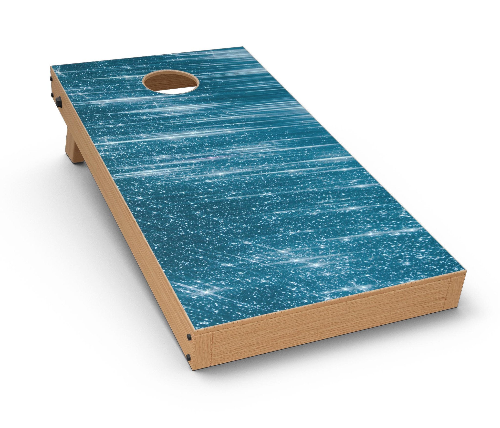 Radiant Blue Scratched Surface CornHole Board Skin Decal Kit displayed on a wooden surface, showcasing vibrant blue design.