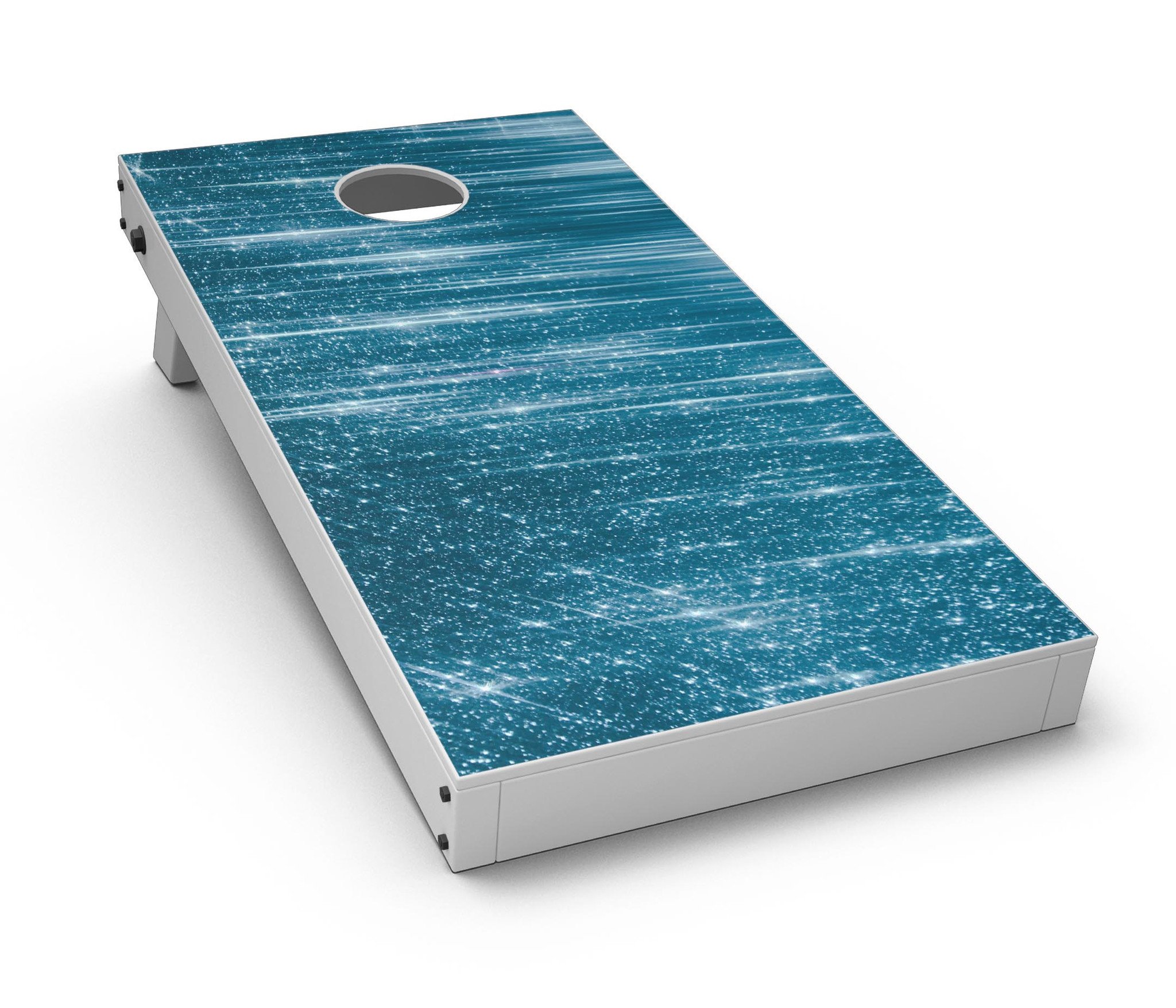 Radiant Blue Scratched Surface CornHole Board Skin Decal Kit displayed on a wooden surface, showcasing vibrant blue design.