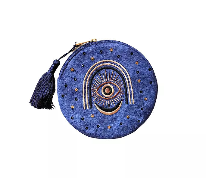 Radiating Intuition Pouch in crushed velvet with embroidery and sequins, featuring a zipper closure and tassel, ideal for storing crystals and tarot decks.