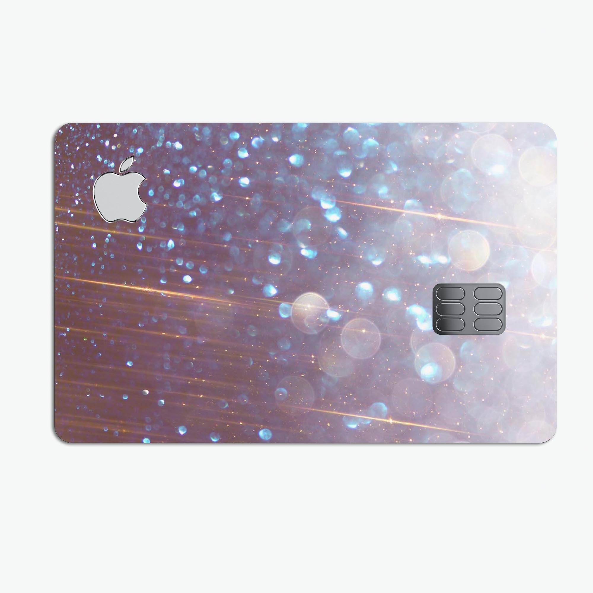 Radient Orbs of Blue skin kit for Apple Card, showcasing vibrant blue design with streaks, applied on a sleek card.