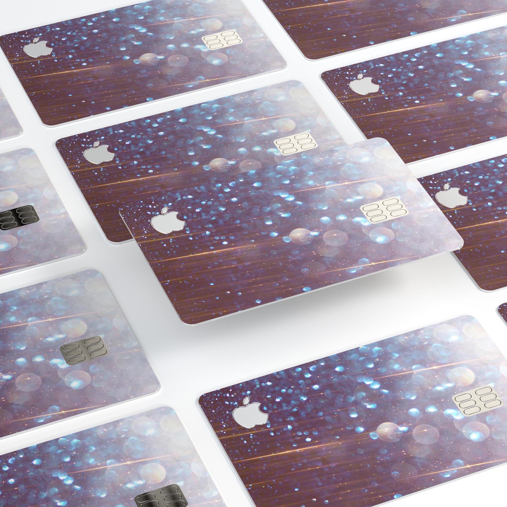 Radient Orbs of Blue skin kit for Apple Card, showcasing vibrant blue design with streaks, applied on a sleek card.