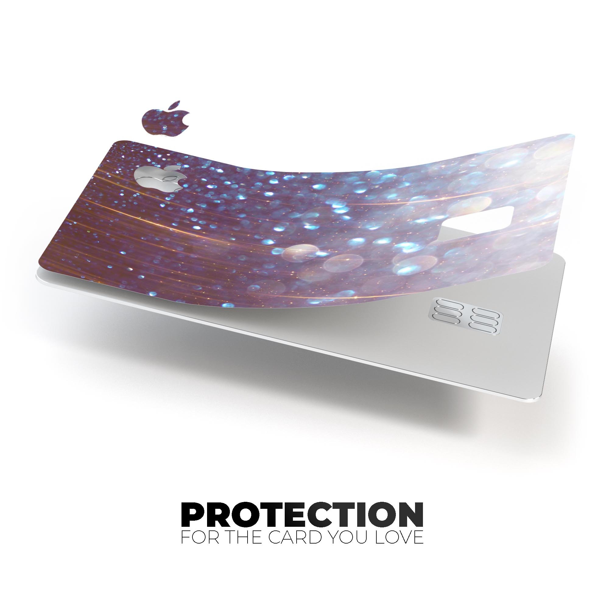 Radient Orbs of Blue skin kit for Apple Card, showcasing vibrant blue design with streaks, applied on a sleek card.