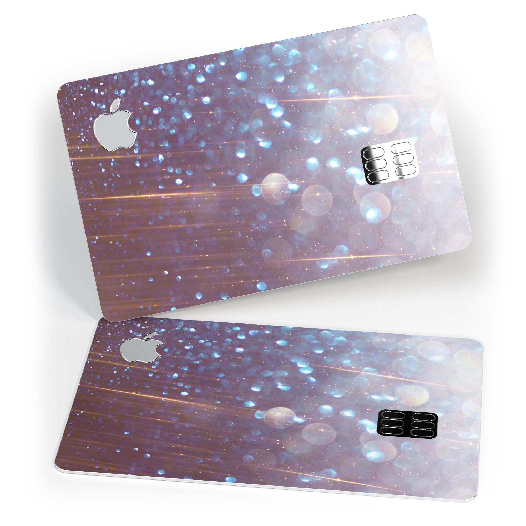 Radient Orbs of Blue skin kit for Apple Card, showcasing vibrant blue design with streaks, applied on a sleek card.