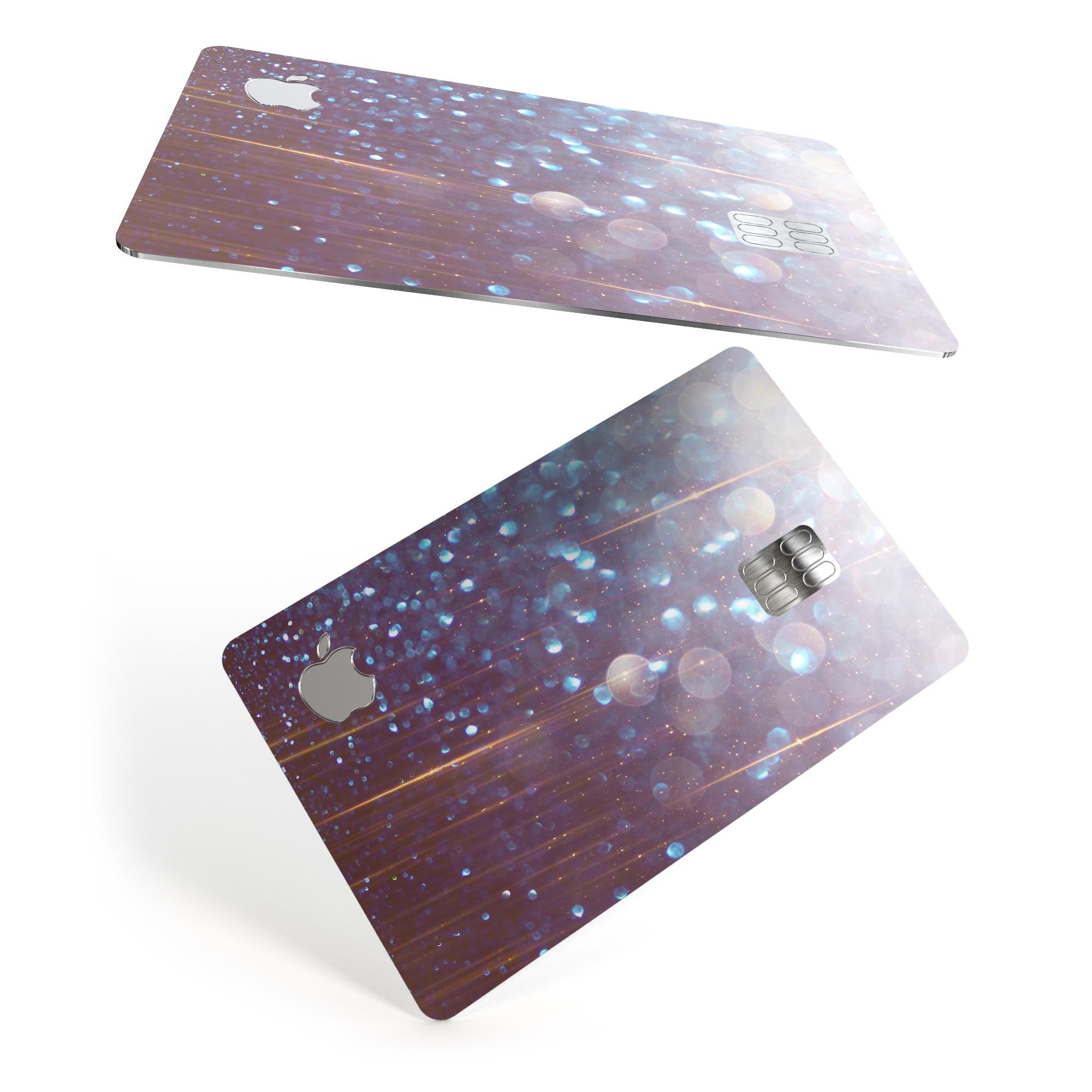 Radient Orbs of Blue skin kit for Apple Card, showcasing vibrant blue design with streaks, applied on a sleek card.