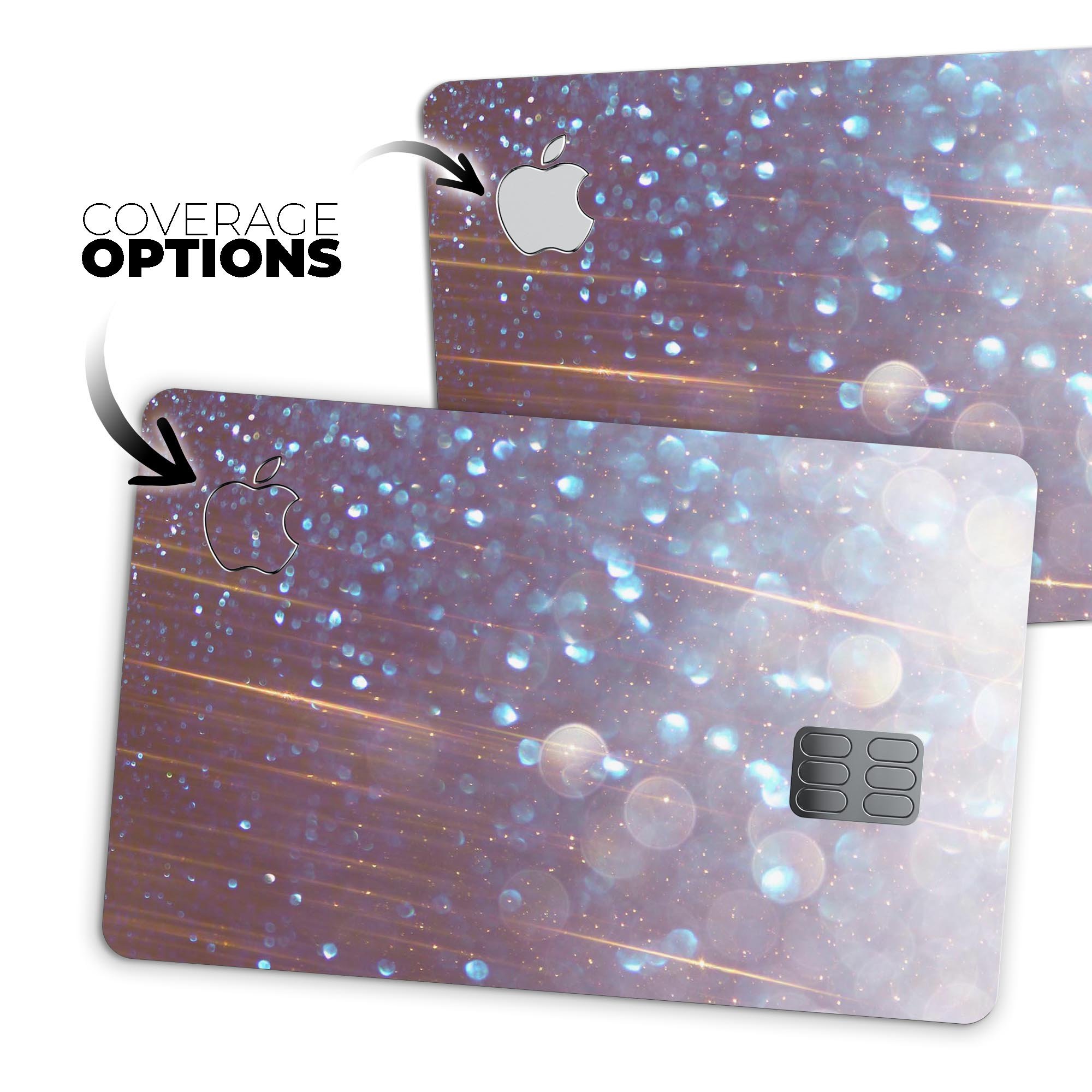 Radient Orbs of Blue skin kit for Apple Card, showcasing vibrant blue design with streaks, applied on a sleek card.