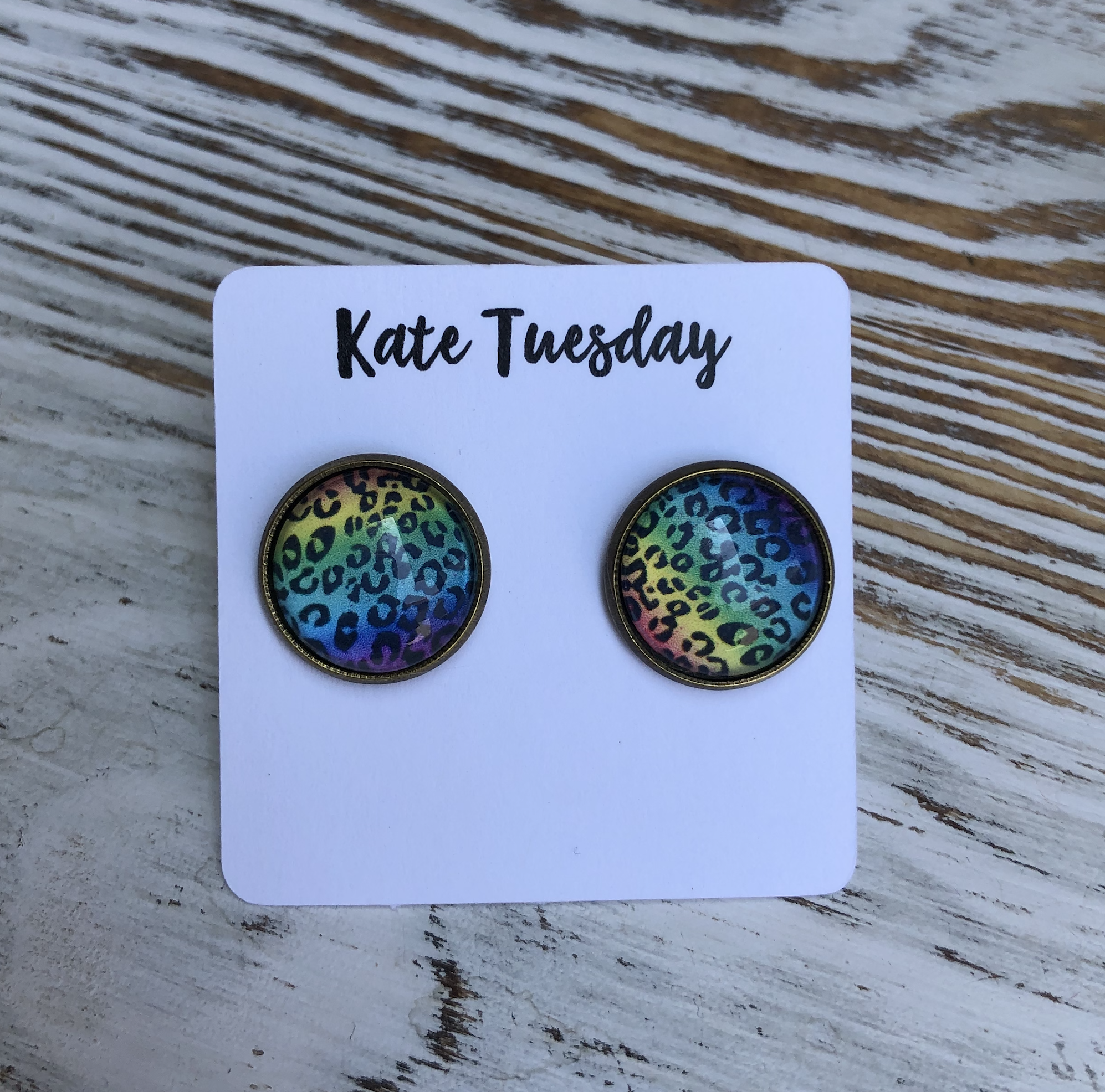 Colorful Rainbow Cheetah Stud Earrings, 12mm, nickel and lead free, perfect for sensitive ears.