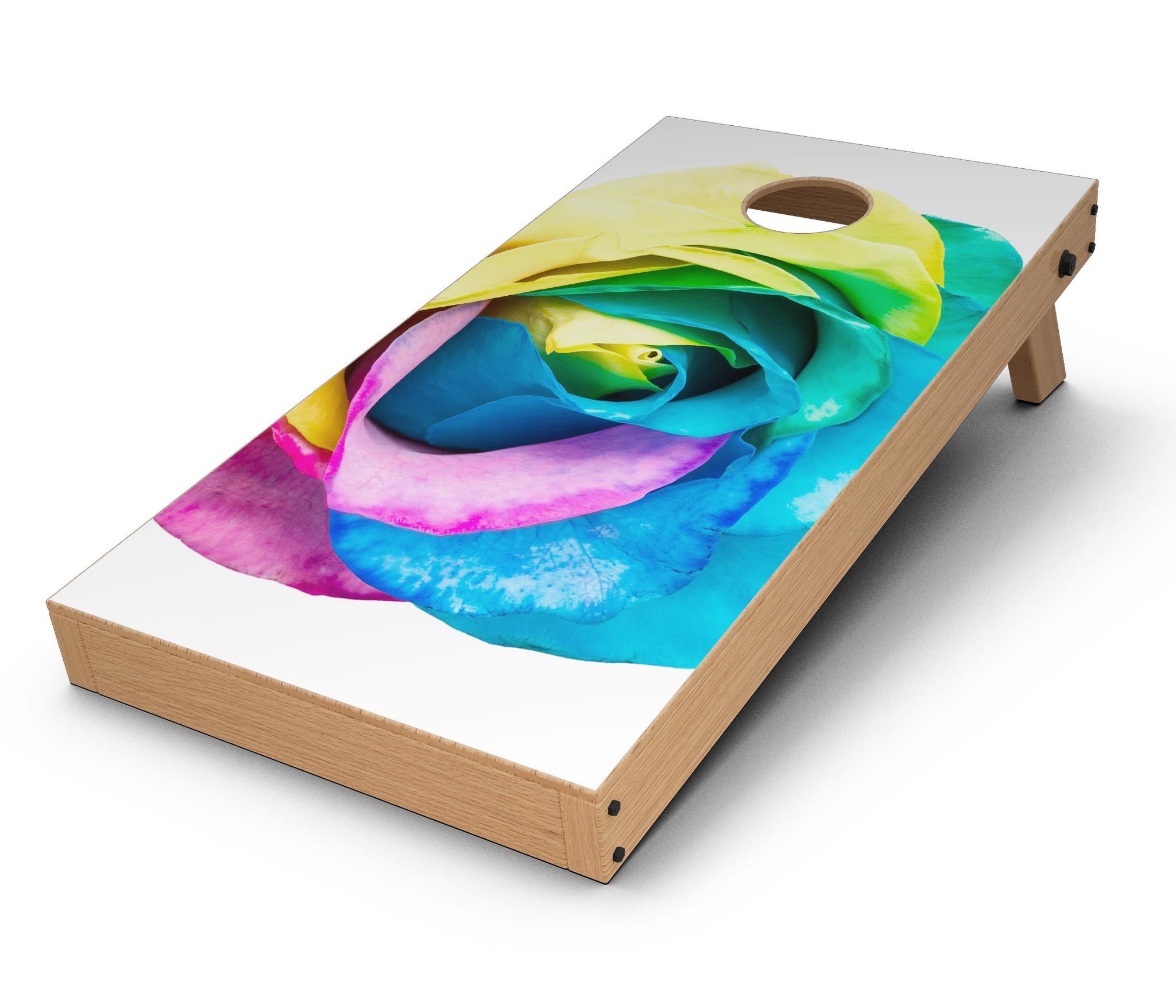 Rainbow Dyed Rose V1 CornHole Board Skin Decal Kit showcasing vibrant colors and design, perfect for customizing Cornhole boards.