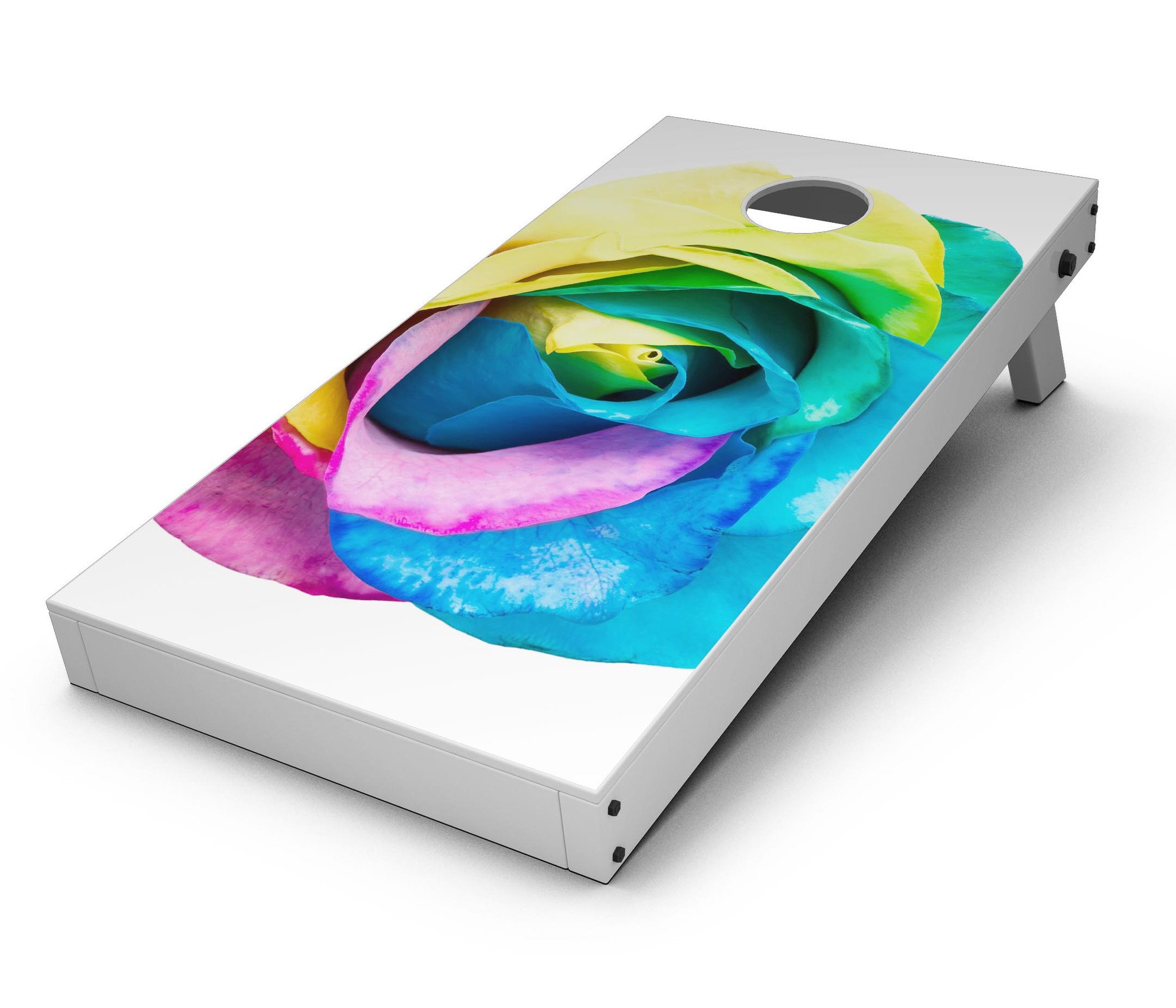 Rainbow Dyed Rose V1 CornHole Board Skin Decal Kit showcasing vibrant colors and design, perfect for customizing Cornhole boards.