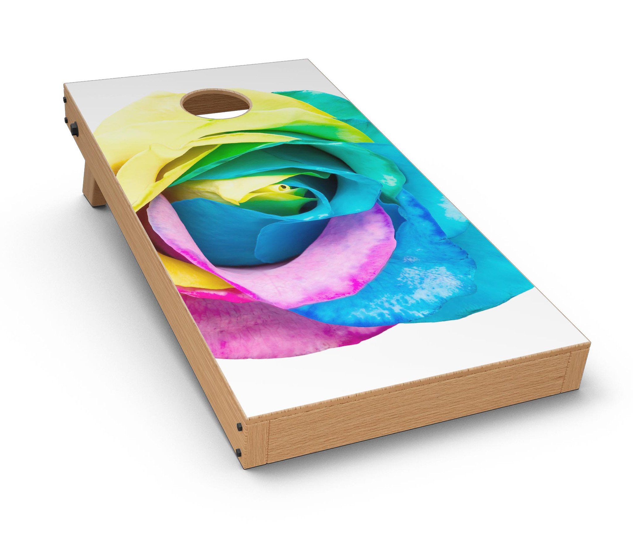 Rainbow Dyed Rose V1 CornHole Board Skin Decal Kit showcasing vibrant colors and design, perfect for customizing Cornhole boards.