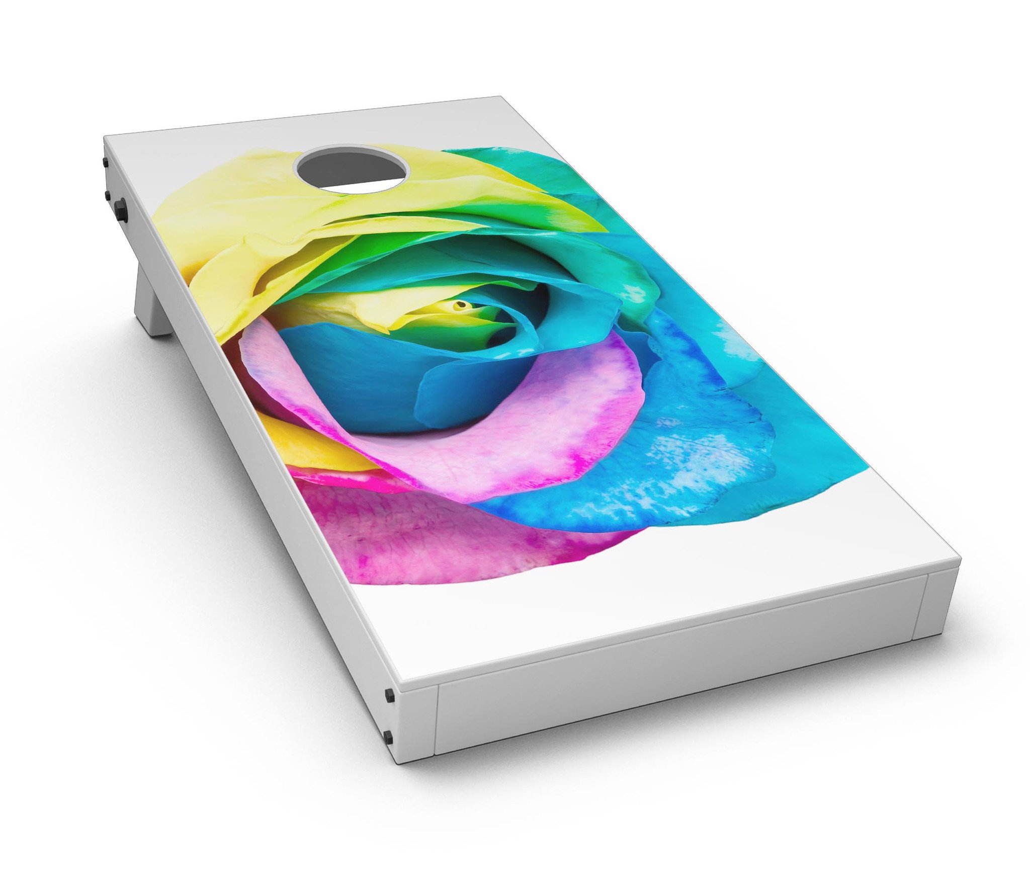 Rainbow Dyed Rose V1 CornHole Board Skin Decal Kit showcasing vibrant colors and design, perfect for customizing Cornhole boards.