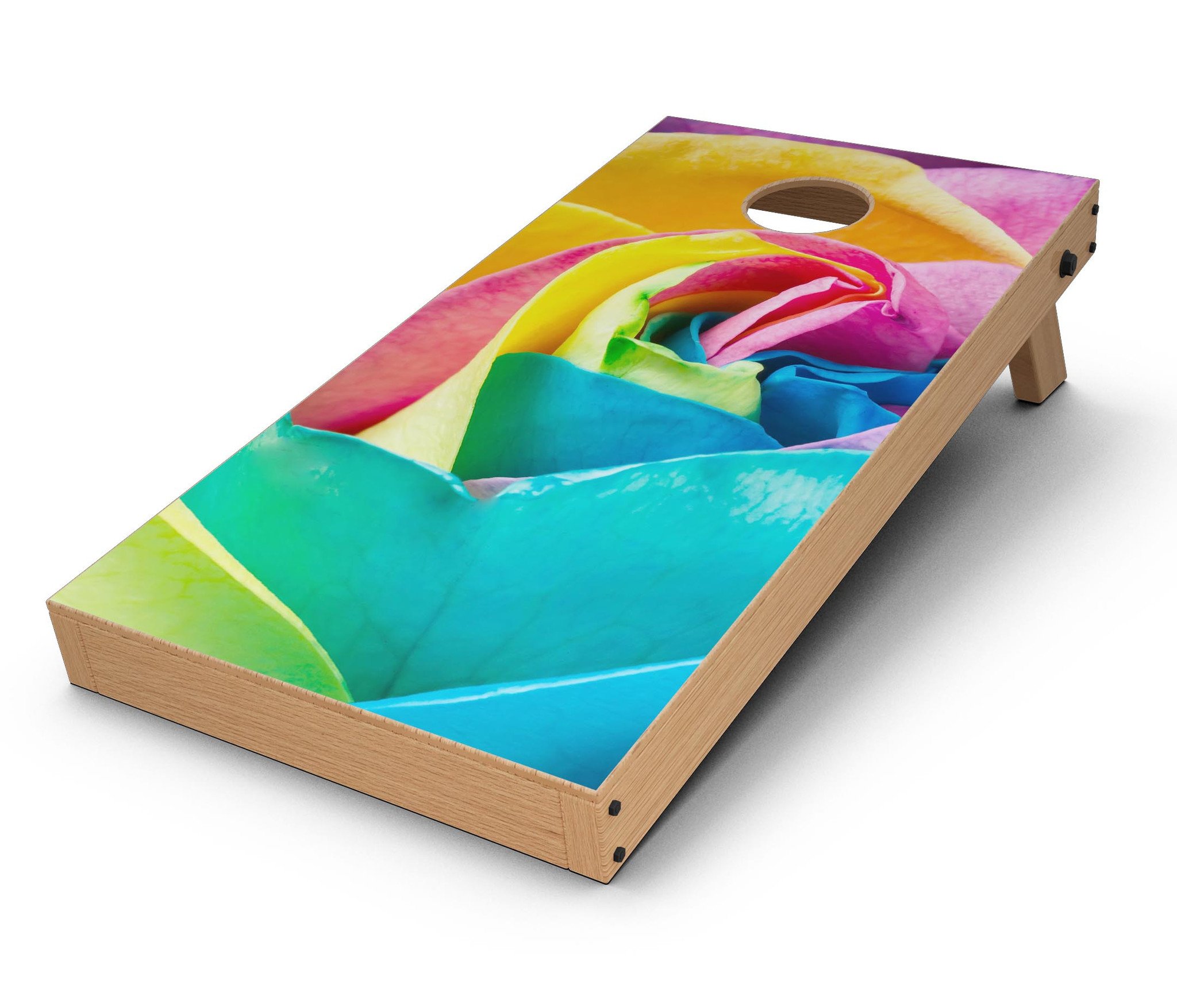 Rainbow Dyed Rose V2 Cornhole Board Skin Decal Kit showcasing vibrant colors and intricate design, perfect for personalizing Cornhole boards.