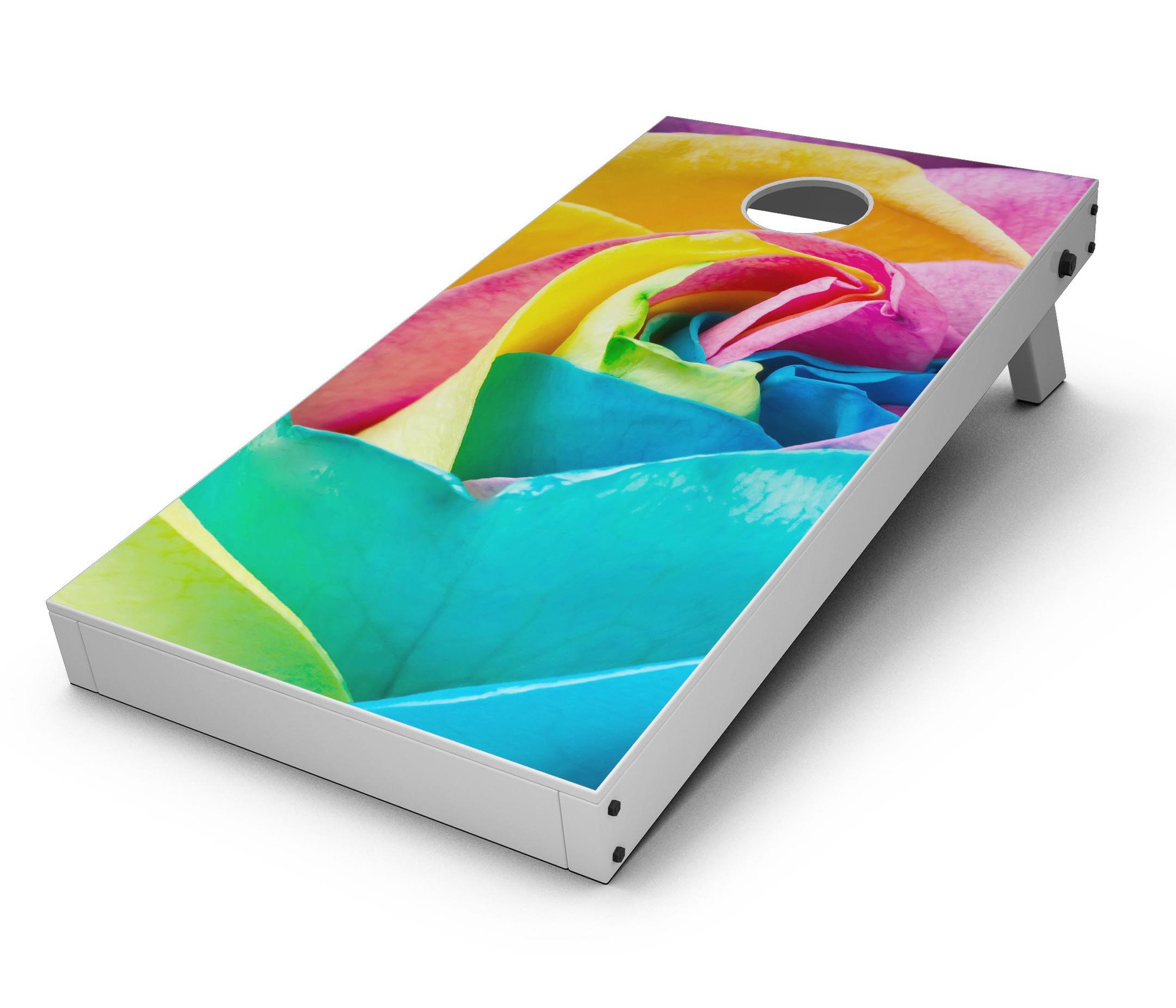 Rainbow Dyed Rose V2 Cornhole Board Skin Decal Kit showcasing vibrant colors and intricate design, perfect for personalizing Cornhole boards.