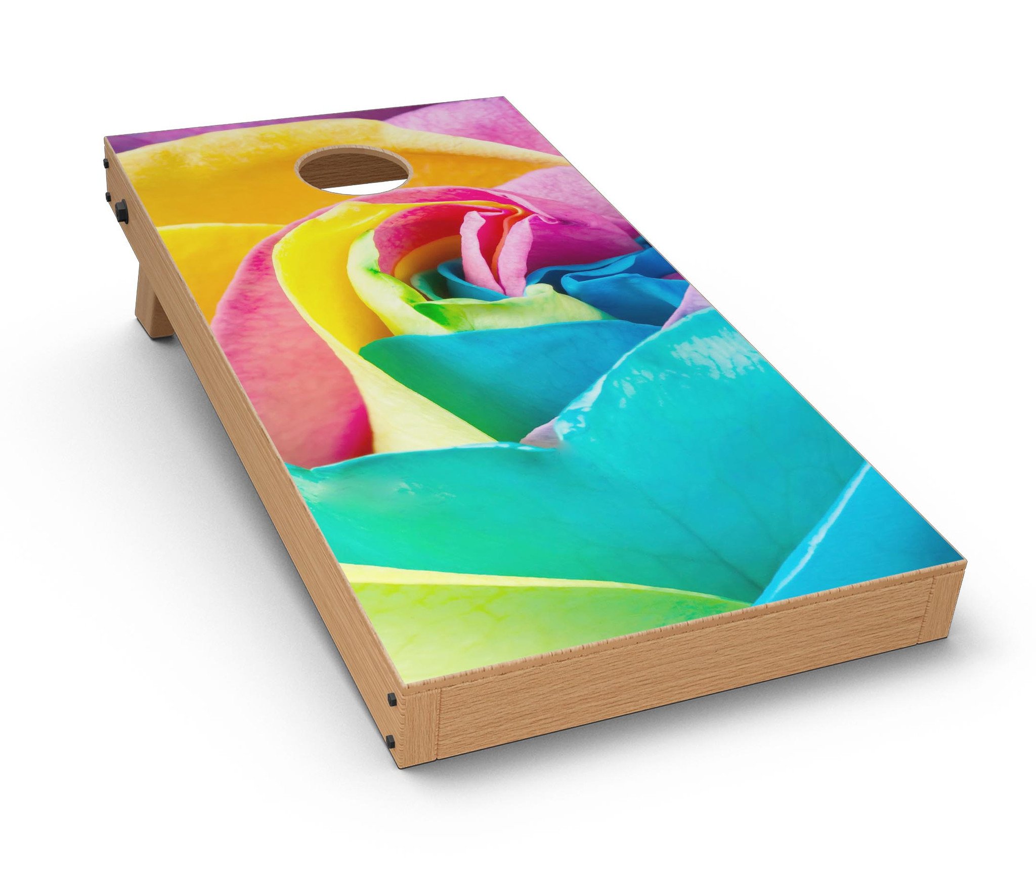 Rainbow Dyed Rose V2 Cornhole Board Skin Decal Kit showcasing vibrant colors and intricate design, perfect for personalizing Cornhole boards.