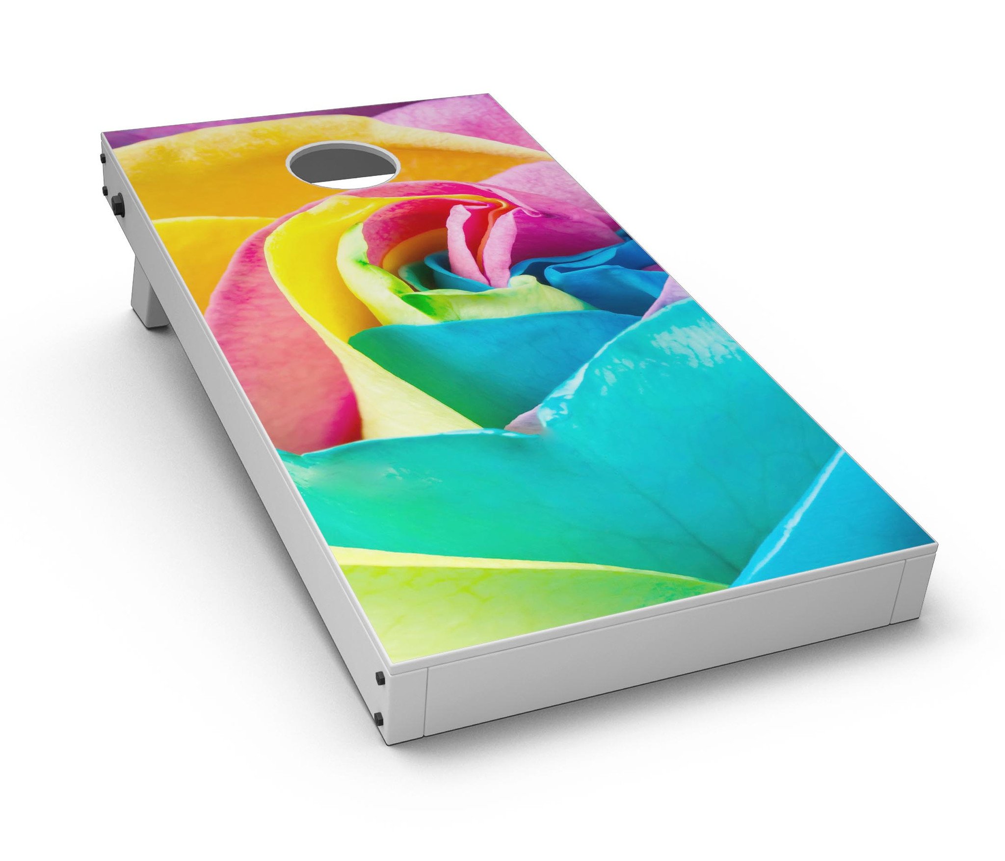 Rainbow Dyed Rose V2 Cornhole Board Skin Decal Kit showcasing vibrant colors and intricate design, perfect for personalizing Cornhole boards.